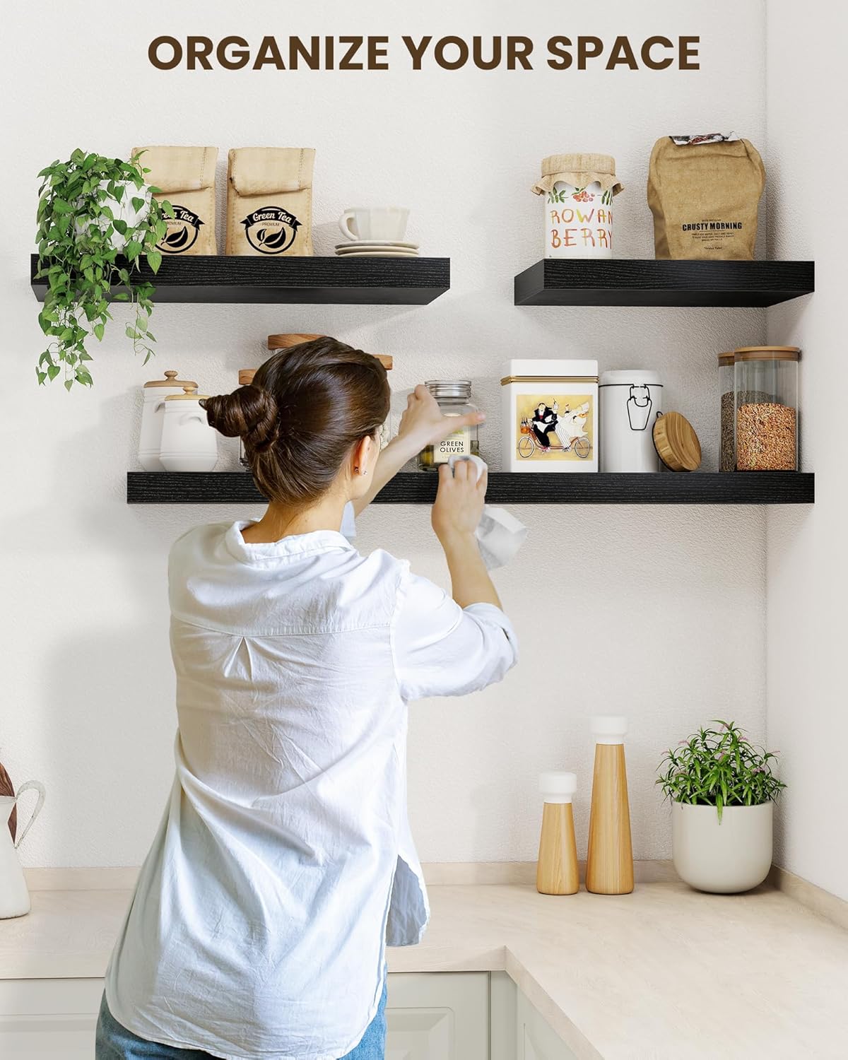 Marsmiles 55" Floating Shelves for Wall, Wooden Shelves with Invisible Brackets Set of 2, Rustic Farmhouse Wall Mounted Shelf for Kitchen Bathroom Living Room Study, Black