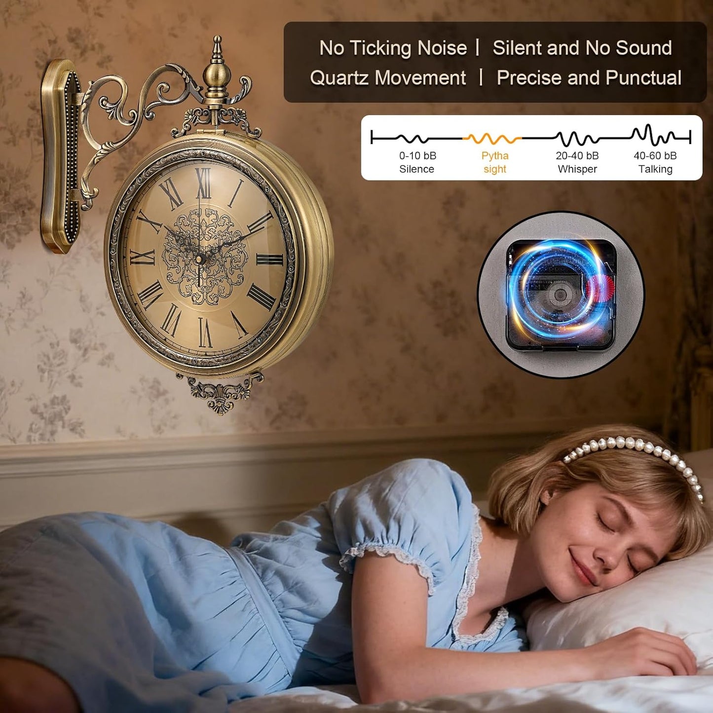 Large Vintage Double Sided Wall Clock with Glass & Metal, Roman and Arabic Numerals, Silent Non-Ticking Battery Operated Antique Clock for Living Room, Office, Hallway Decor (15x18.5 Inch)