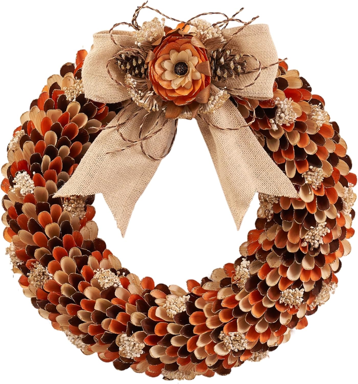 21" Fall Harvest Wood Curl Glitter Tipped Wreath - Premium Handcraft Fall Wreaths for Front Door | Perfect for Autumn & Thanksgiving Decor