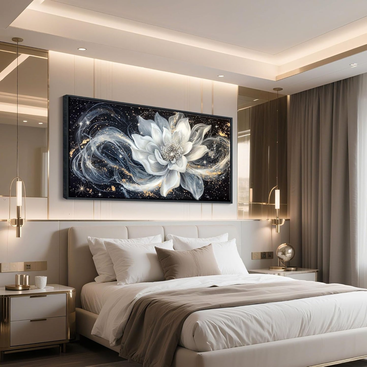 QZQCBLC Large Framed Wall Art, Black and White Lotus Wall Art Modern Abstract Flower Pictures Gold Silver Canvas Painting Artwork for Living room Bedroom kitchen Home Office Decor 29x58 IN