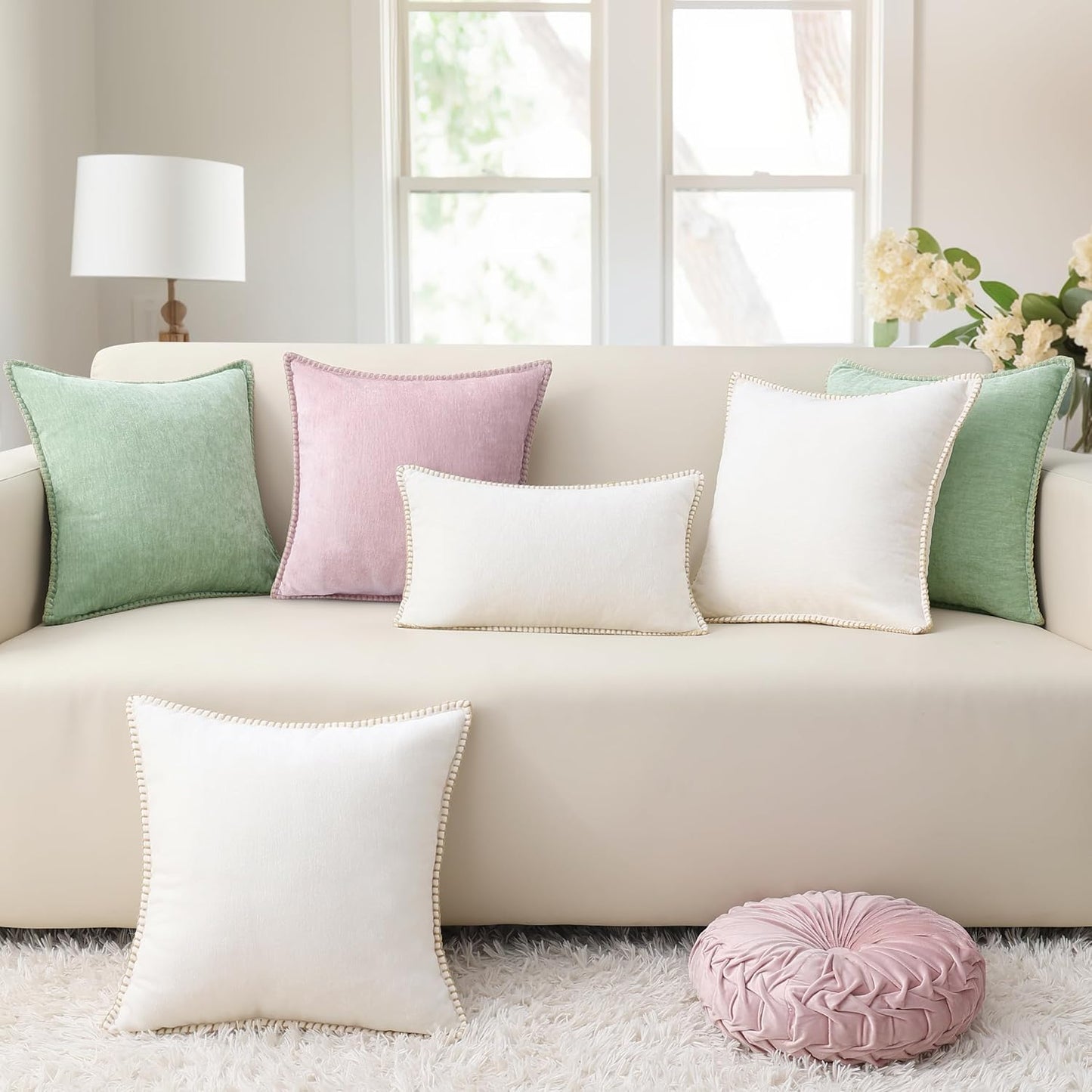 decorUhome Chenille Soft Throw Pillow Covers 18x18 Set of 2, Farmhouse Velvet Neutral Decorative Euro Pillow Covers with Stitched Edge for Couch Sofa Bed Home Decor, Sage Green