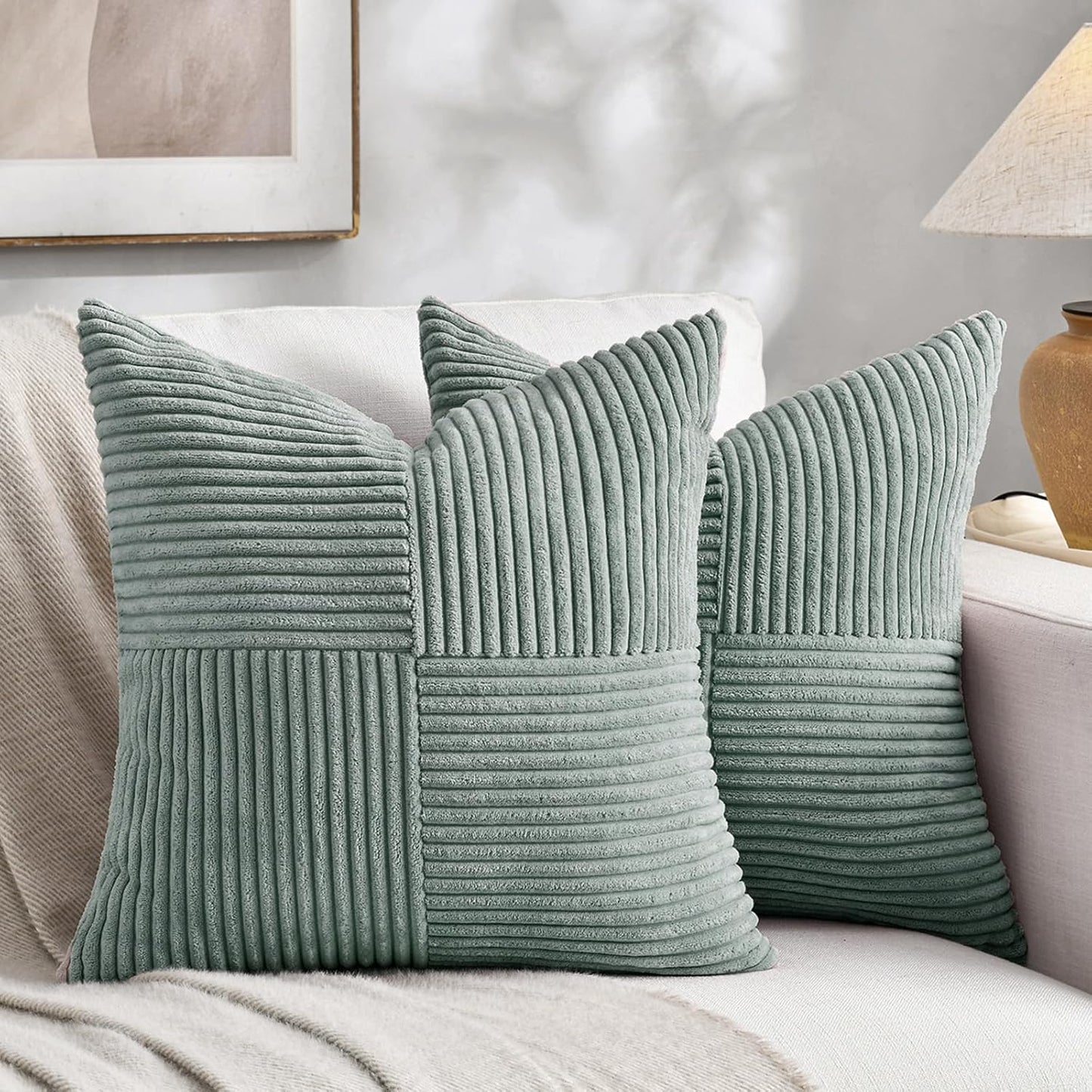 Fancy Homi 2 Packs Grey Blue Euro Decorative Throw Pillow Covers 26x26 Inch for Couch Bed Sofa, Rustic Farmhouse Boho Home Decor, Soft Corss Corduroy Patchwork Textured Square Cushion Case 66x66 cm