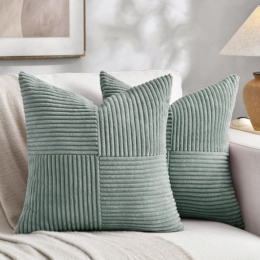Fancy Homi 2 Packs Grey Blue Euro Decorative Throw Pillow Covers 26x26 Inch for Couch Bed Sofa, Rustic Farmhouse Boho Home Decor, Soft Corss Corduroy Patchwork Textured Square Cushion Case 66x66 cm