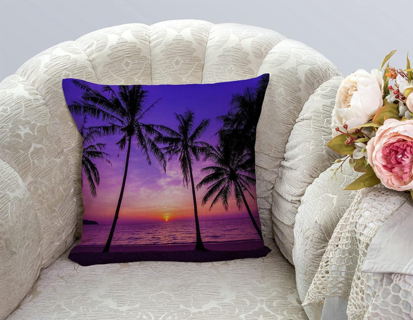 TSSOHU Sunset Beach Pillow Cover 18x18 Inch Tropical Palm Tree Landscape Cotton Linen Cushion Cover for Home Sofa Chair Decor Farmhouse Pillow Case