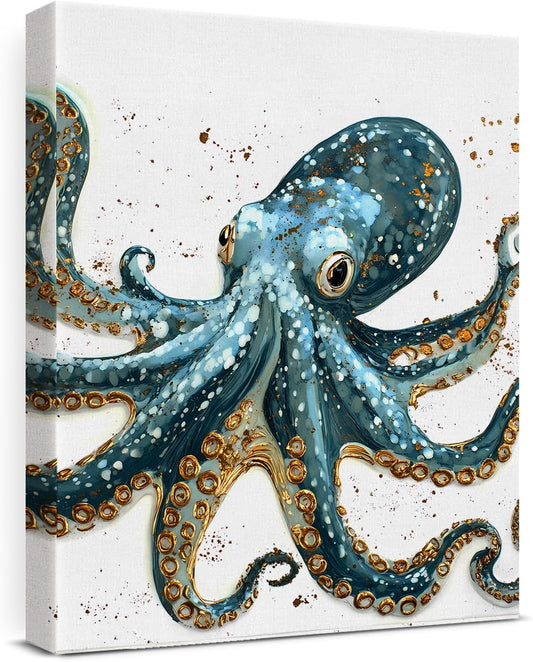Nautical Octopus Canvas Wall Art Octopus Ocean Theme Print Poster Coastal Framed Picture Painting for Home Beach House Bedroom Wall Decor 8x10 Inch
