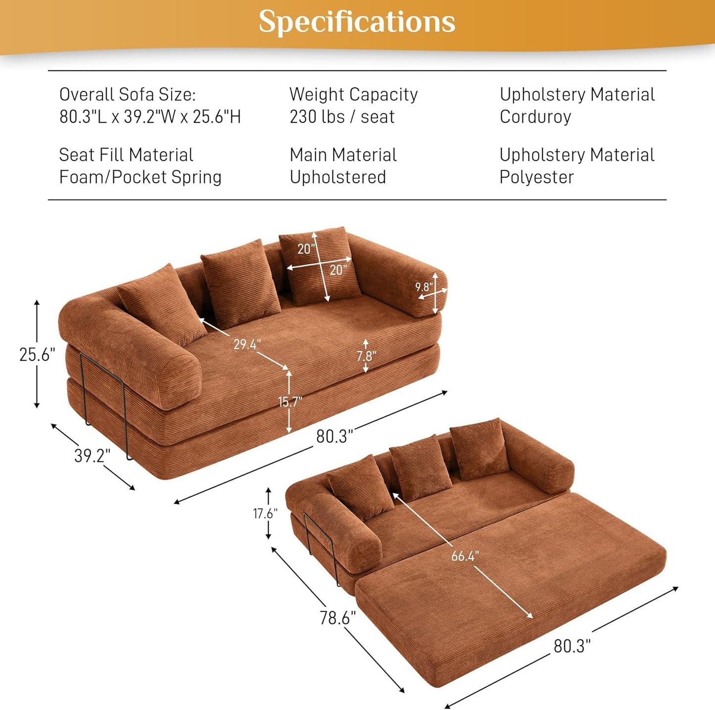 Convertible Sleeper Sofa Bed with Pillow, 4-in-1 Corduroy Folding Mattress Couch with Fixed-Shape Frame, Futon Fold Out Floor Sofa Cama Lounge Couch for Living Room Bedroom, Orange