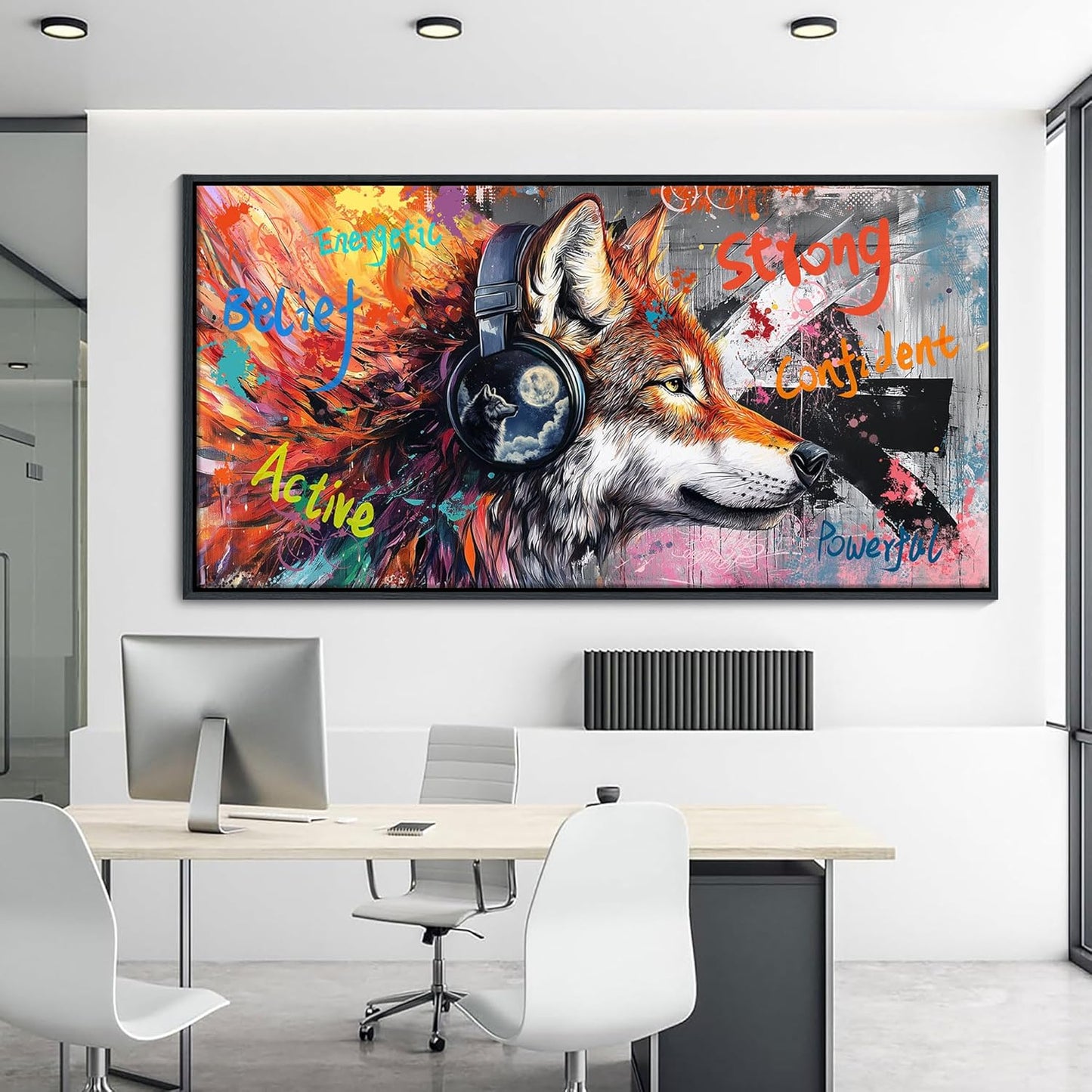 JEAWA Large Framed Wall Art, Modern Graffiti Street Art Funny Wolf with Headphones Pictures Canvas Painting for Living Room Bedroom Office Kitchen Home Inspirational Decor Gifts for Men 29x58