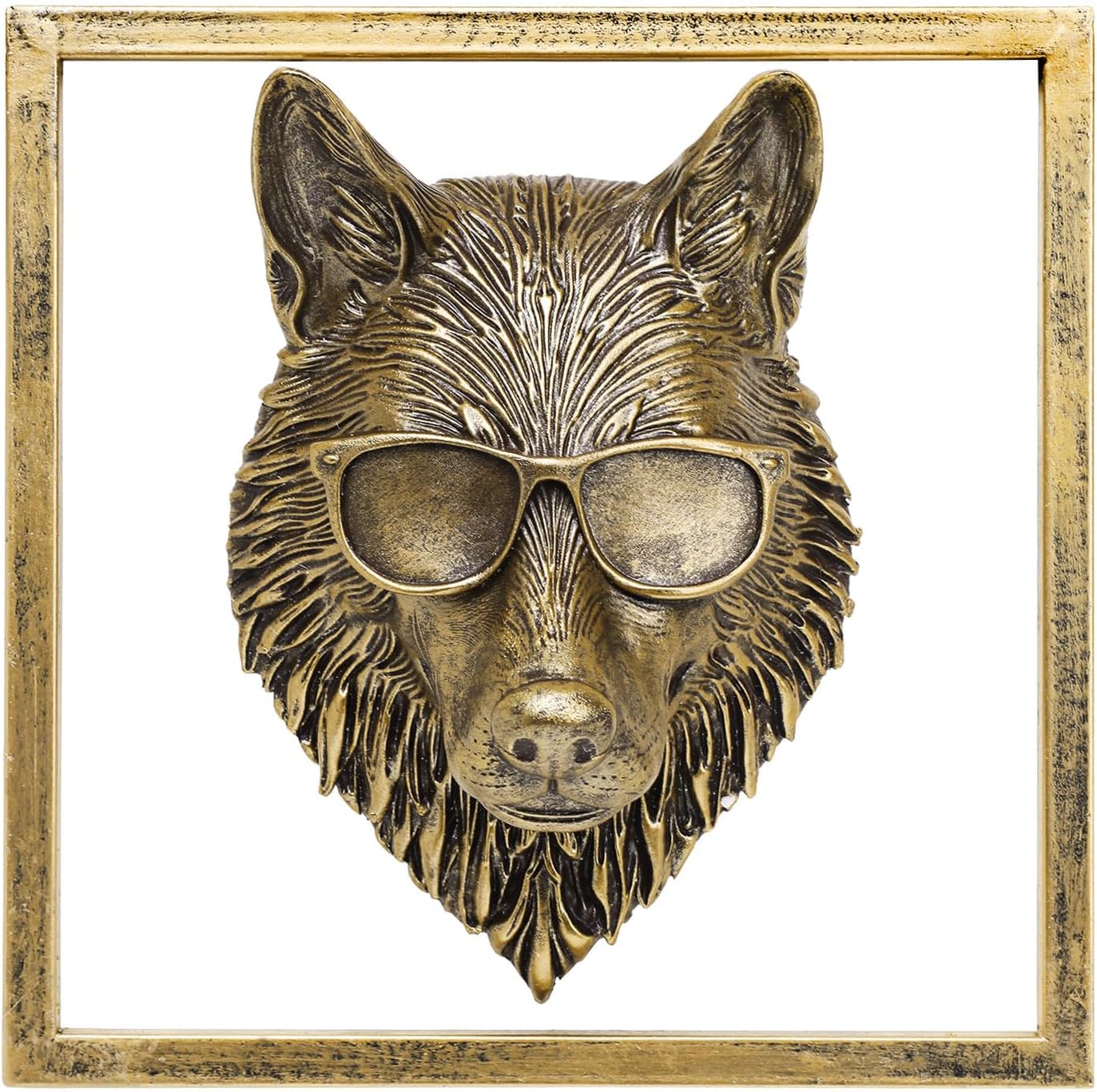JJALIGHTS Animal Heads Wall Decor (Includes Metal Frame) Resin Animals Sculptures Head Wall Hanging Decoration Imitation Copper vintage Wall Sculpture for Living Room Bedroom Office (Wolf)