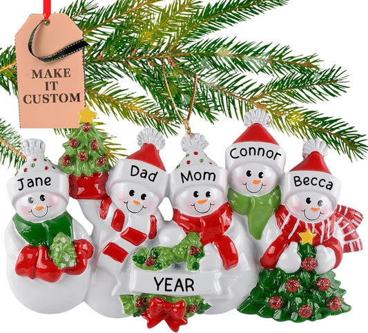 Personalized Family of 5 Ornament 2025 | Free 24h Customization | Laser Engraved Snowman Christmas Ornaments for Tree | Custom Gift Wrapped Festive Holiday Keepsake for Five Persons