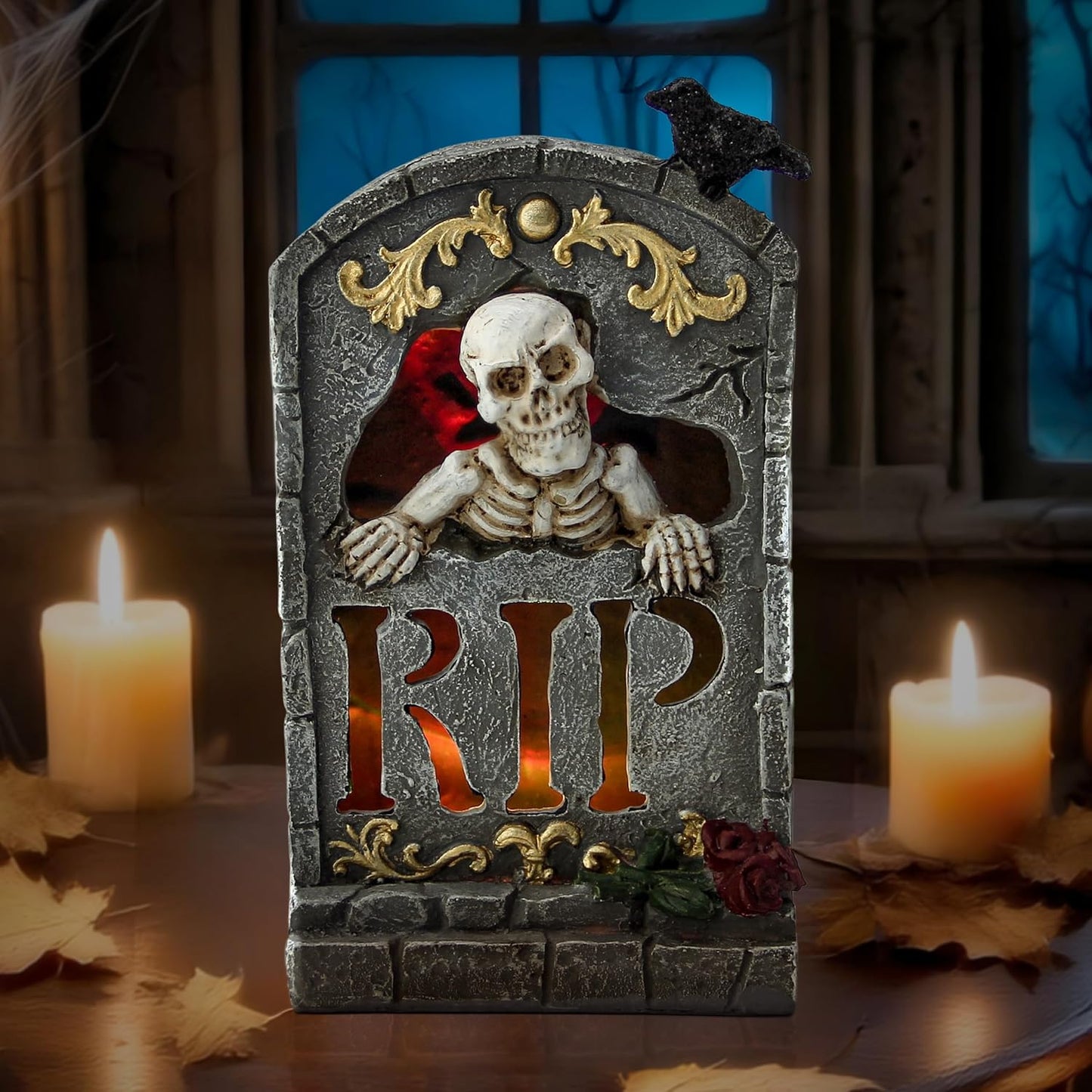 Halloween Decoration Indoor 7.6″ Tombstone Statue with LED Lights Spooky Skull Head Gravestone Skeleton RIP Lighting Changes Halloween Village for Table Shelf Home Party Outdoor Decor Gifts