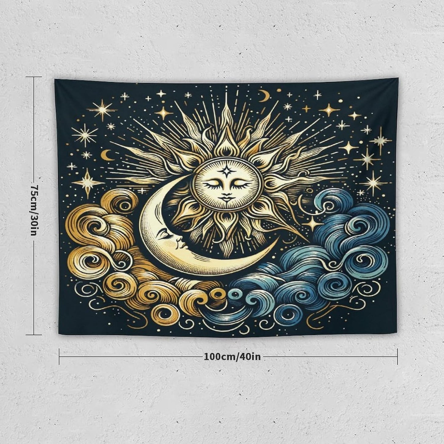 HZOHNAGO Sun Moon Tapestry Boho Golden Stars Pattern Printed Wall Tapestry Wall Hanging for Bedroom Living Room Dorm 40" W x 30" H
