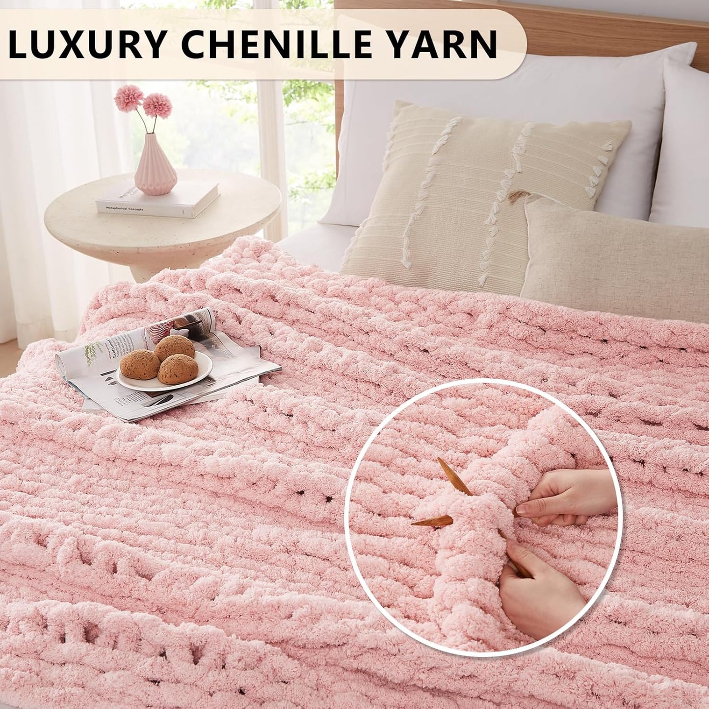 L'AGRATY Chunky Knit Blanket Throw - Soft Chenille Yarn Throw Blanket 40x50: Handmade Thick Knit Crochet Blanket - Large Chunky Rope Pink Throw Blanket for Couch Sofa Bed Home Decor