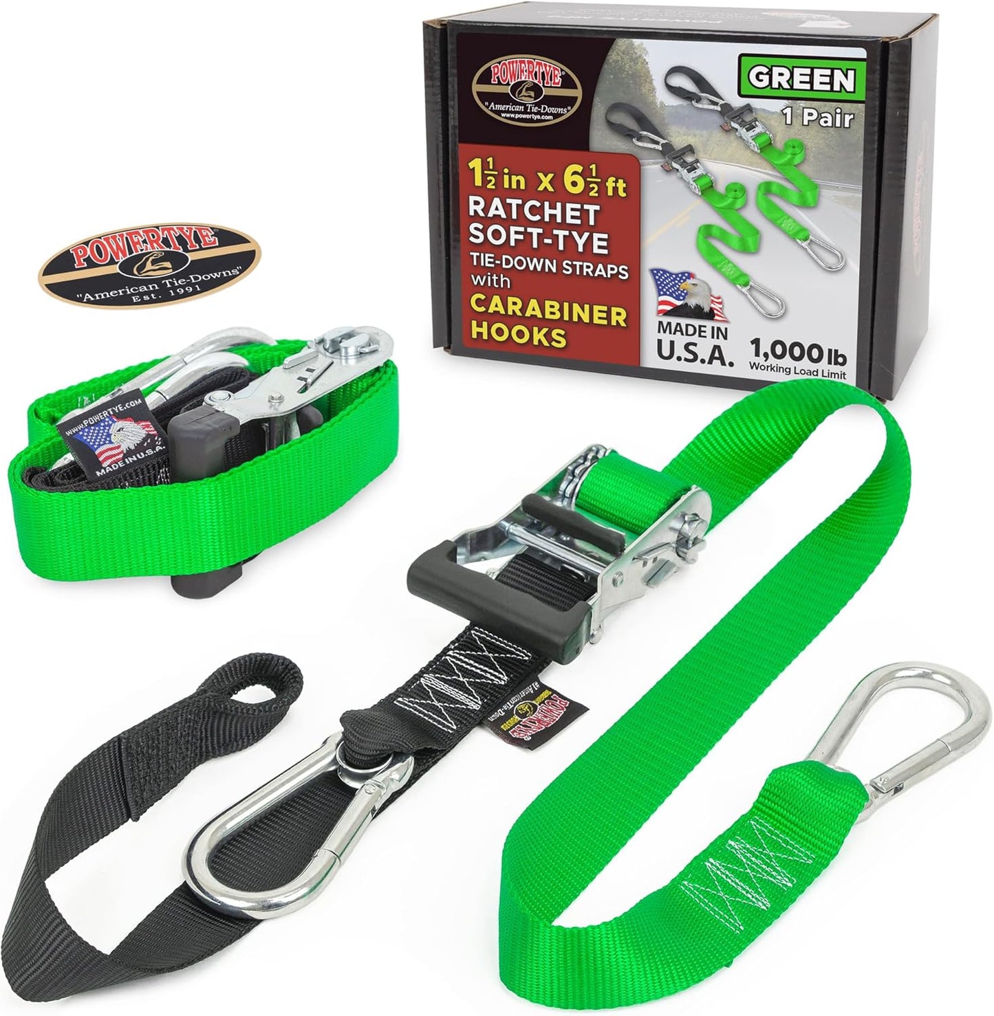 PowerTye - Made in USA - Heavy Duty Ratchet Tie Down Straps with Carabiner Hooks & Sewn-in Soft-Tye, for Motorcycle, ATV, Trailer & Cargo, 1,000 lb WLL, 1.5 inch x 6.5ft Long, Green/Black (Pair)