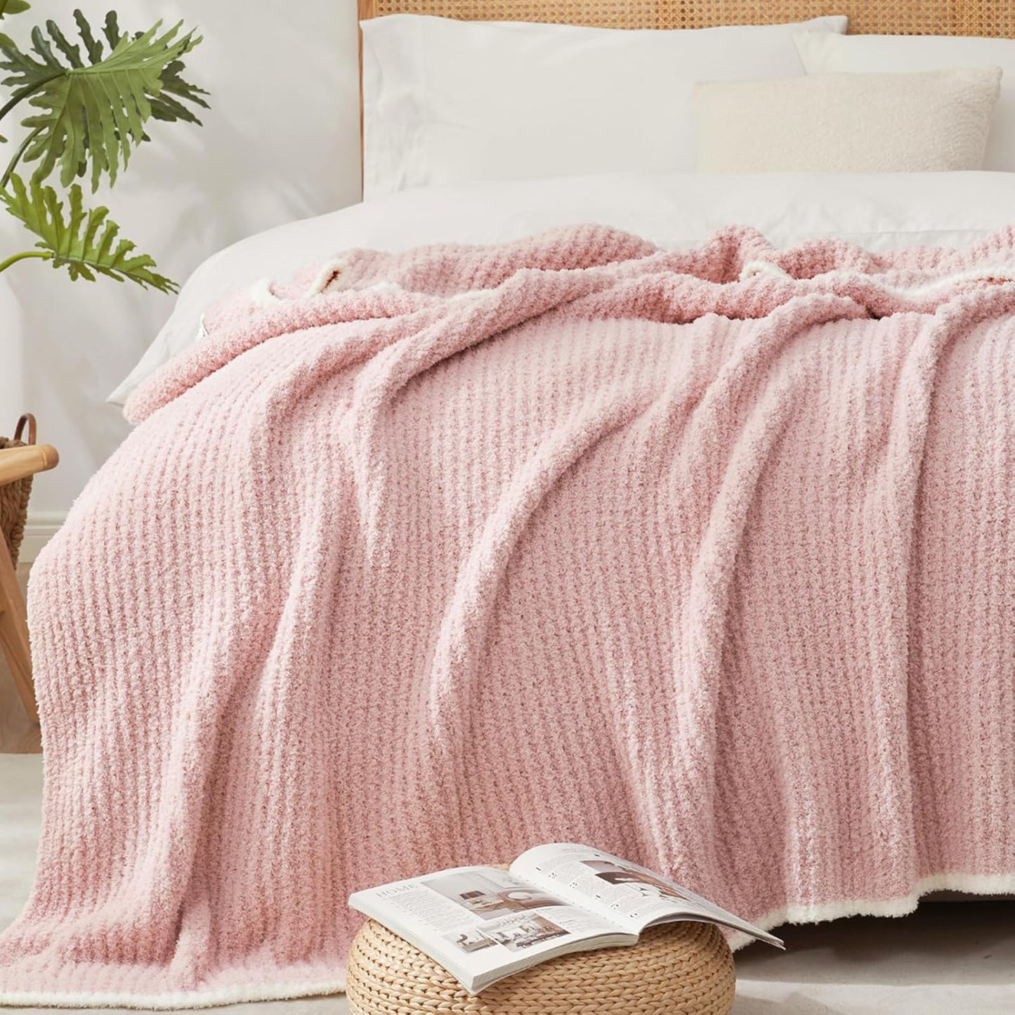 Snuggle Sac Pink Waffle Throw Blanket for Couch Bed Sofa 60x80 inches, Reversible Pink Blanket Microfiber Fluffy Fuzzy Cozy Knit Twin Blanket for Women Mothers Birthday Gifts