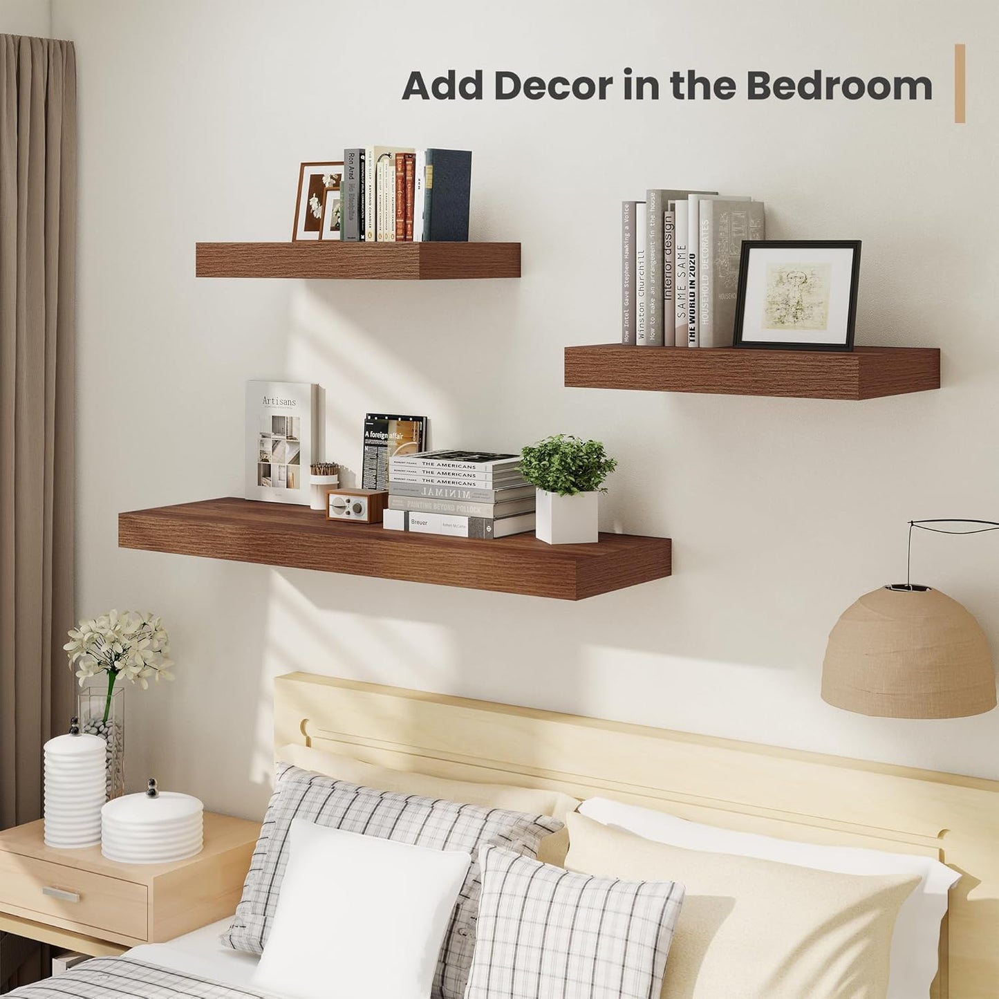 Heimlove 12" Deep Floating Shelves, 36 x 12 Inch Wall Mounted Long Floating Shelf with Invisible Brackets, for Home Decor, Bedroom, Kitchen, Living Room, Bathroom - 2 Pack, Walnut