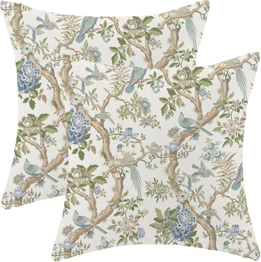 CXMEIFLY Chinoiserie Spring Pillow Covers 18 x 18 Inch Set of 2 for Blue Sage Green Vintage Flowers Bird Decor Throw Pillows Plant Farmhouse Outdoor Decorative Cushion Cases for Couch Bed Decorations