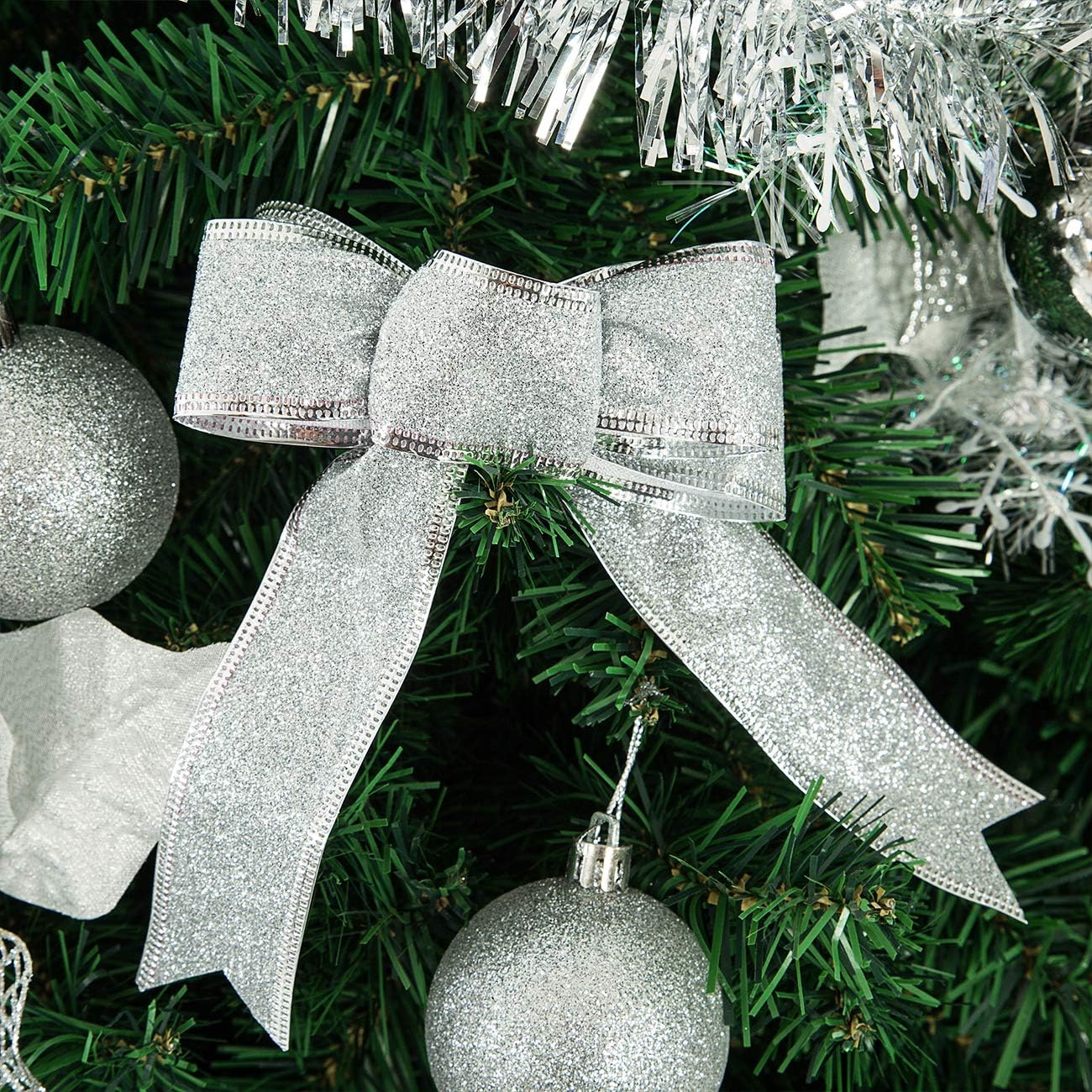 Sunnyglade 94 PCS Christmas Tree Ornaments Set with Glitter Poinsettia, Bows, Ribbons, Leaves & Assorted Decoration Ball for Xmas Tree Holiday Wedding Party Decorations (Silver White)