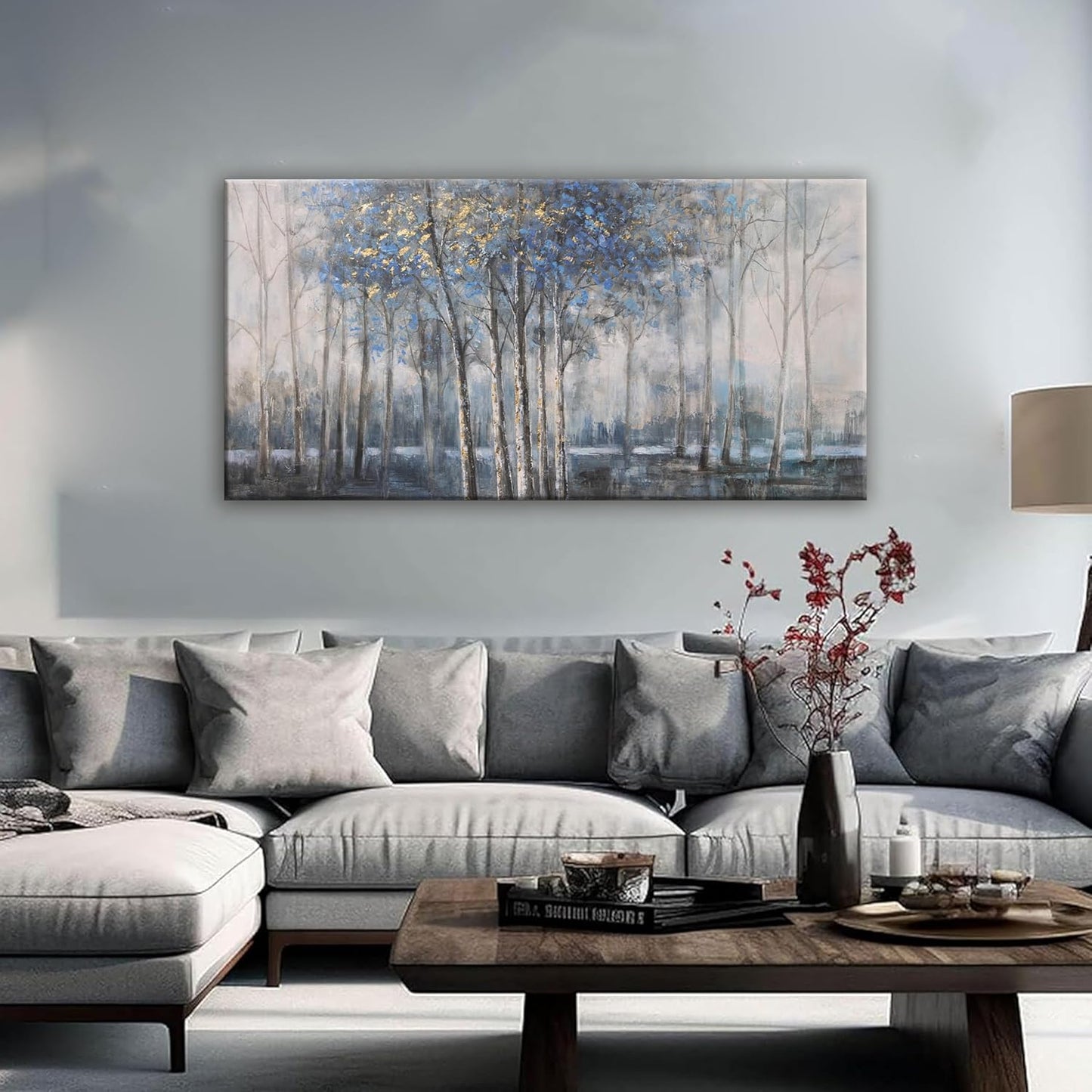 Canvas Wall Art Decor Modern Wall Art Decor Prints Gold Wall Art Pictures Wall Decor Blue Grey Misty Botanical Textured Artwork for Walls For Room Living Room Bedroom Office Wall Decor 20"X40"