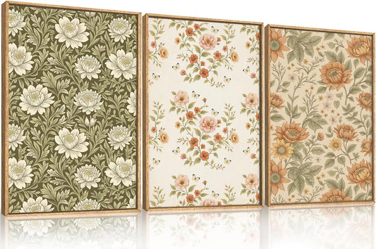 Celestdeco Vintage Pastoral Floral Framed Canvas Wall Art Set, Boho Colorful Flower Wall Decor, Peony Wildflower Wall Painting, Retro Botanical Art Prints for Living Room, Bedroom, Office - 24"X36"X3