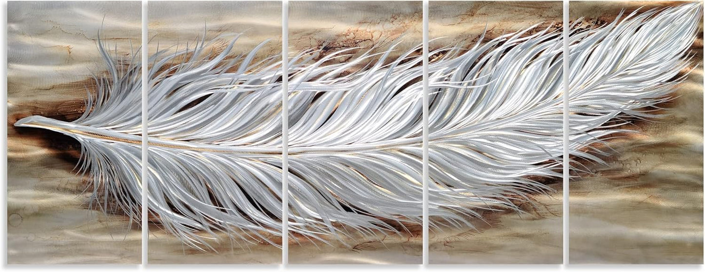 Yihui Arts Rustic Feather Metal Wall Art, Brown and Silver Aluminum Artwork, 5 Panels Artwork for Living Room Farmhouse Dinning Office Decor