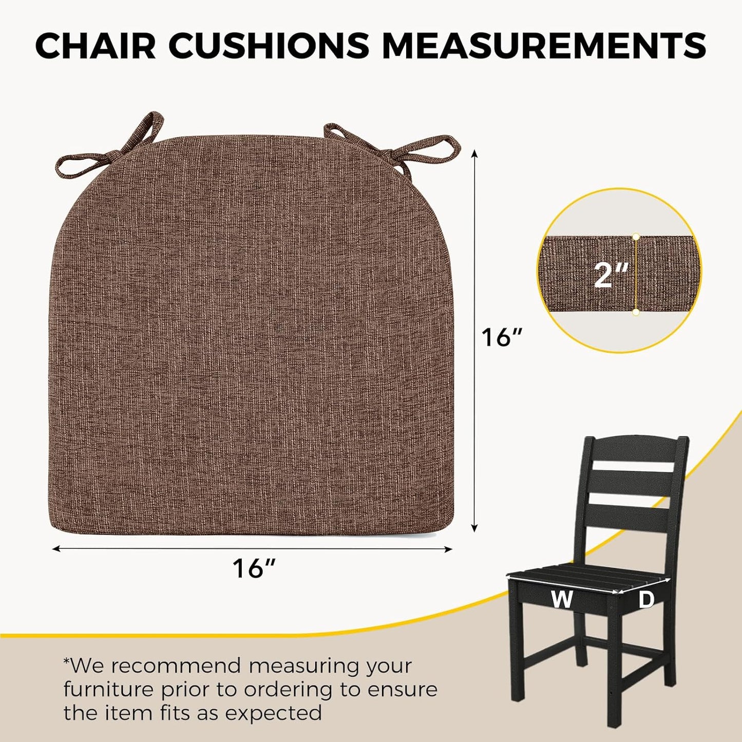 downluxe Indoor Chair Cushions for Dining Chairs, Soft and Comfortable Textured Foam Kitchen Chair Pads with Ties and Non-Slip Backing, 16" x 16" x 2", Brown, 6 Pack