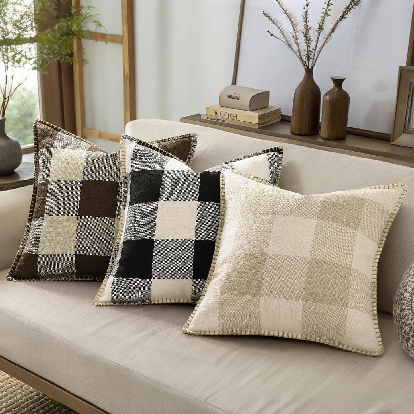decorUhome Buffalo Plaid Check Throw Pillow Covers 22x22 Set of 2, Outdoor Decorative Farmhouse Neutral Pillow Covers with Stitched Edge for Bed Couch Sofa, Brown and Beige