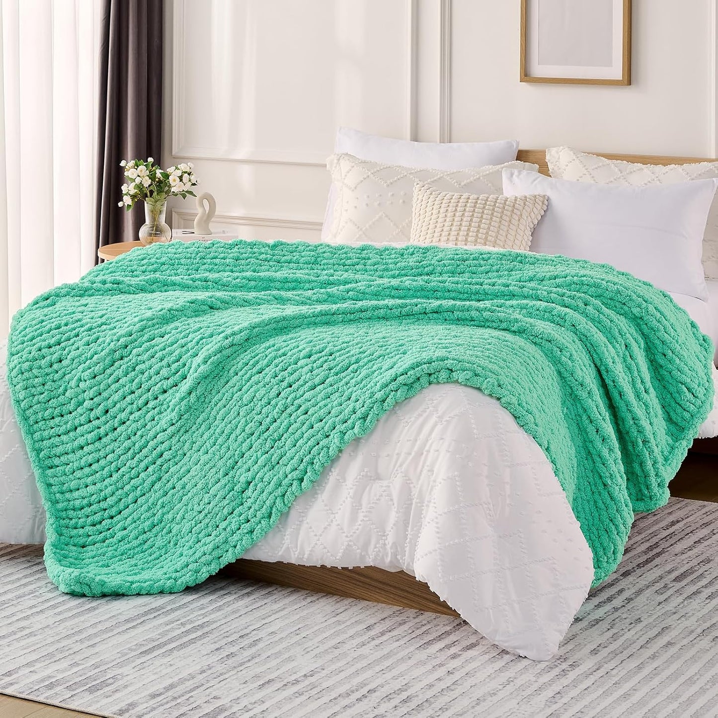 L'AGRATY Chunky Knit Blanket Throw: 50''x60'' Chenille Chunky Knitted Throw Blanket for Bed Couch - Handmade Thick Big Cable Knit Blanket - Large Crochet Rope Blanket for Home Decor(Aqua)