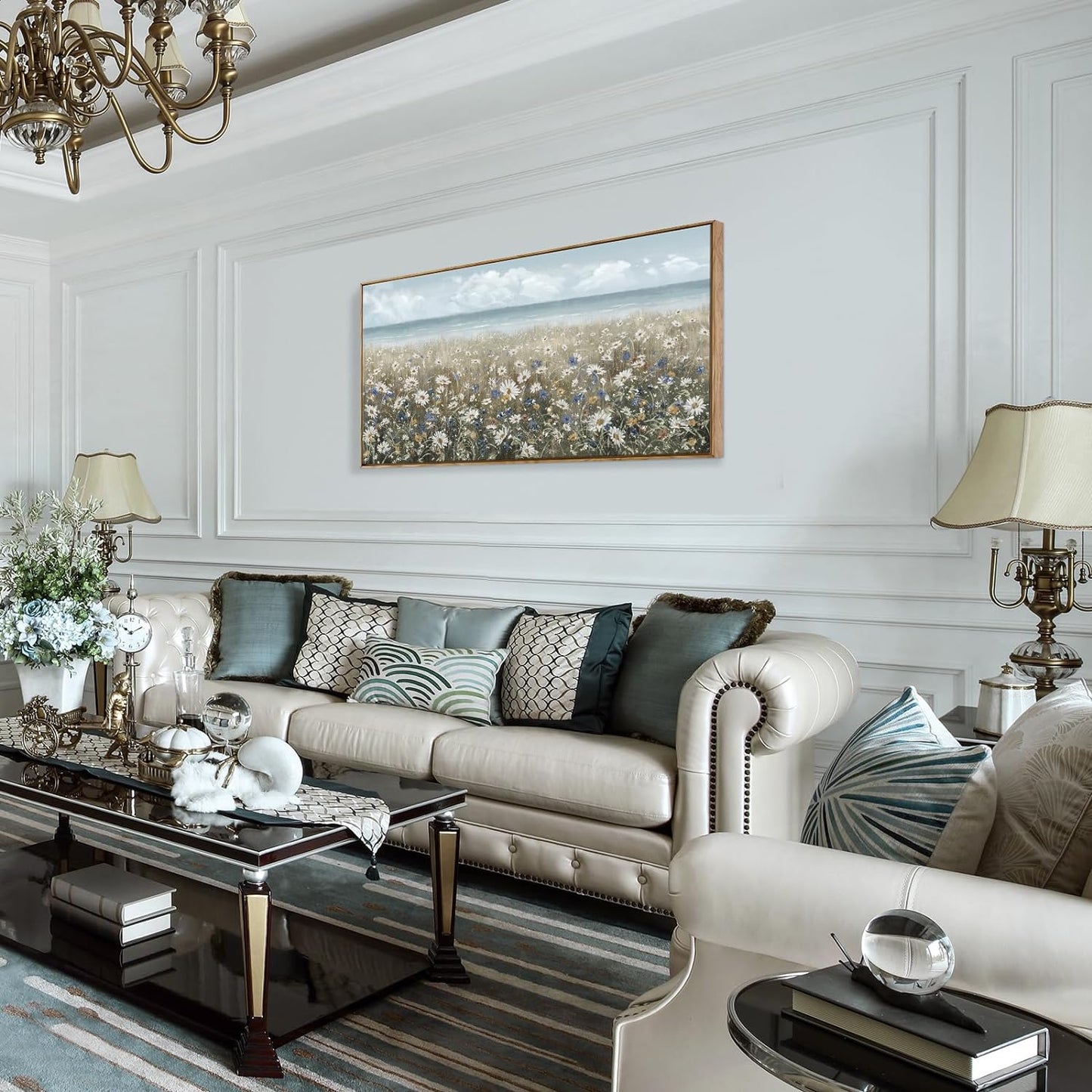 amatop Large Wall Art for Living Room Framed Boho Beach Coastal Floral Ocean Wall Picture Farmhouse Daisy Flower Sea Canvas Print Nautical Neutral Vintage Warm Artwork Home Bedroom Office Decor 48x24