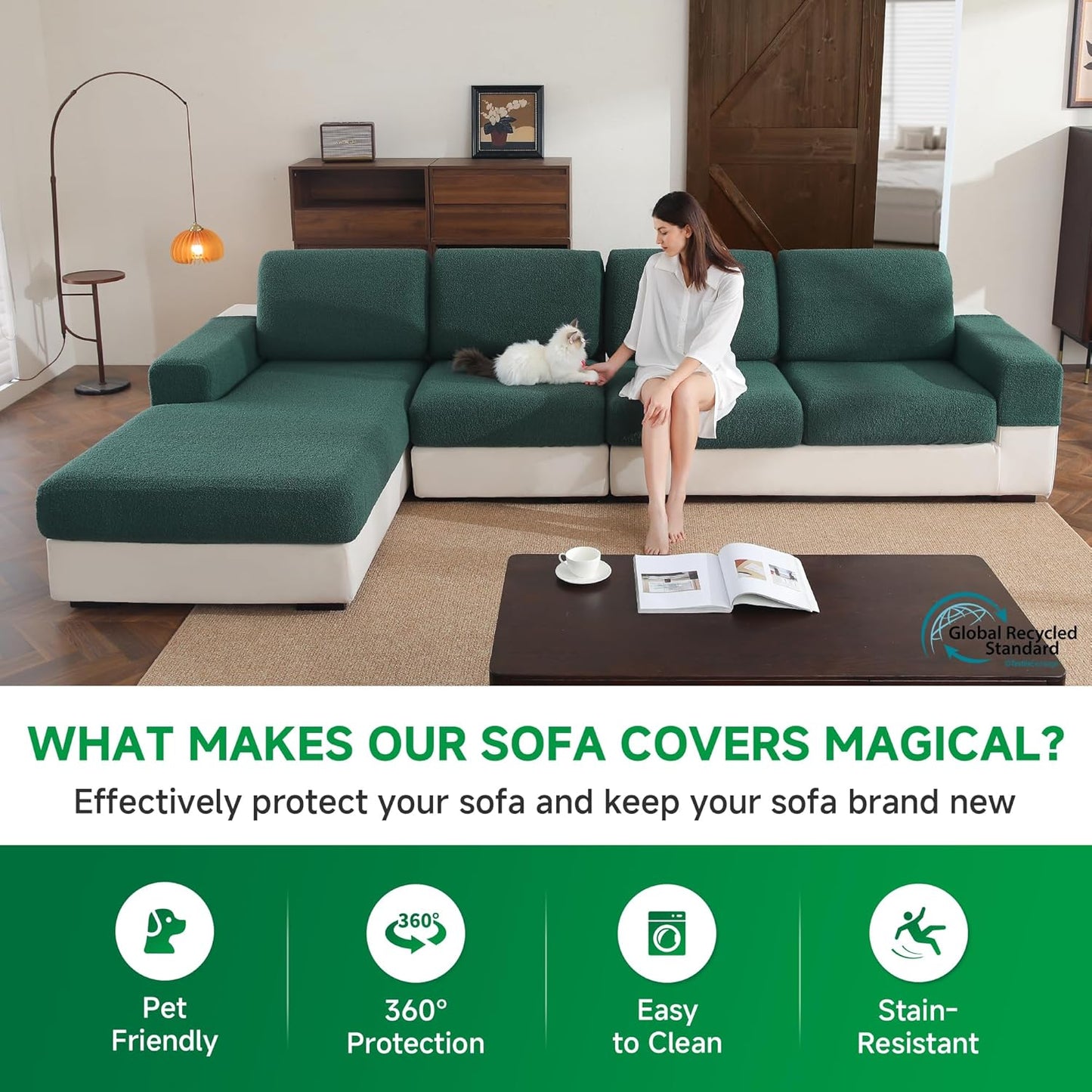 Couch Cushion Covers for Sectional Sofa, Stretch Soft Sofa Slipcovers Washable Wear-Resistant Universal Furniture Protector for Living Room(3 Seaters Covers, Green)