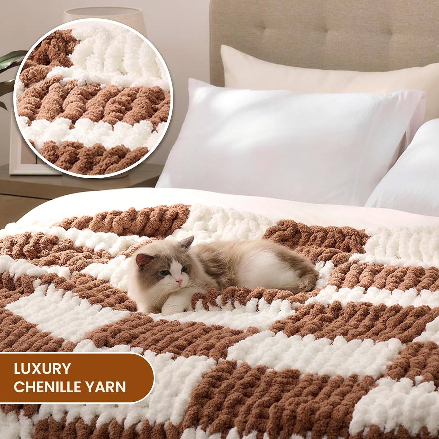 L'AGRATY Chunky Knit Blanket Throw: 50''x60'' Chenille Chunky Knitted Throw Blankets for Bed Couch - Handmade Thick Cable Knit Blanket - Large Crochet Rope Blankets for Home Decor(Brown Checkered)