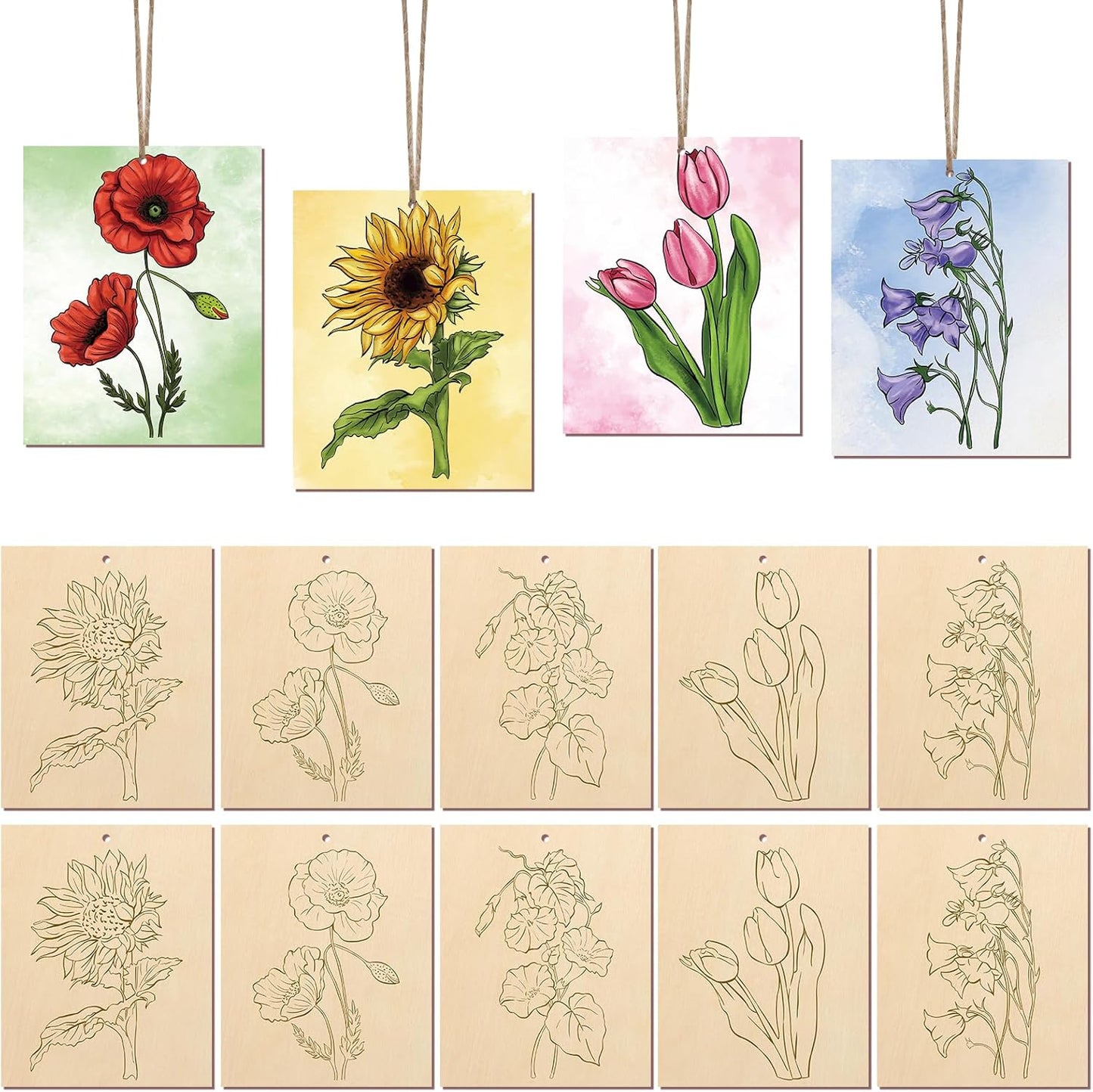 COCHIE 10 Pieces Large Flowers Unfinished Wood Crafts to Paint for Adults and Kids, Bulk Predrilled Wooden Ornaments for Painting, Tulips Flower Paintable Wood Slices Craft Supplies with Ropes