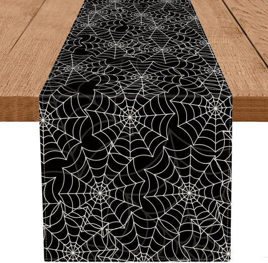 Halloween Table Runner Spider Web Black Linen Table Runners for Seasonal Holidays Indoor Outdoor Kitchen Dining Party Home Decor 13 x 72 Inch