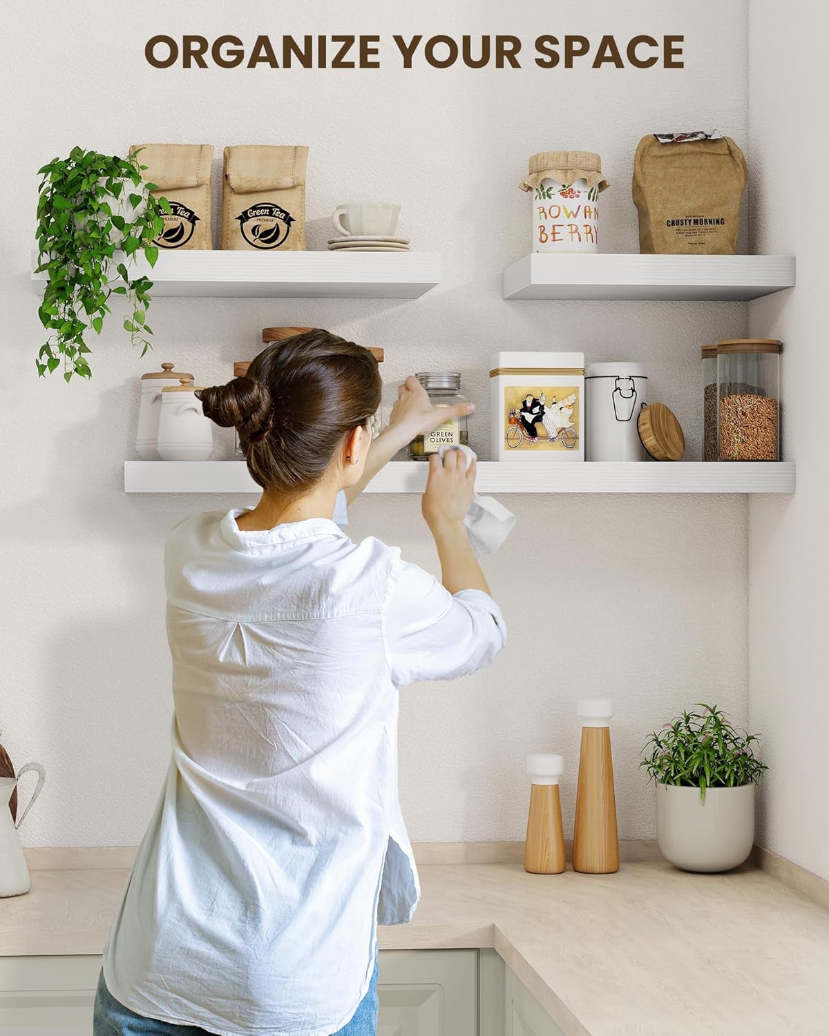 Marsmiles 16" Floating Shelves for Wall, Wooden Shelves with Invisible Brackets Set of 2, Rustic Farmhouse Wall Mounted Shelf for Kitchen Bathroom Living Room Study, White