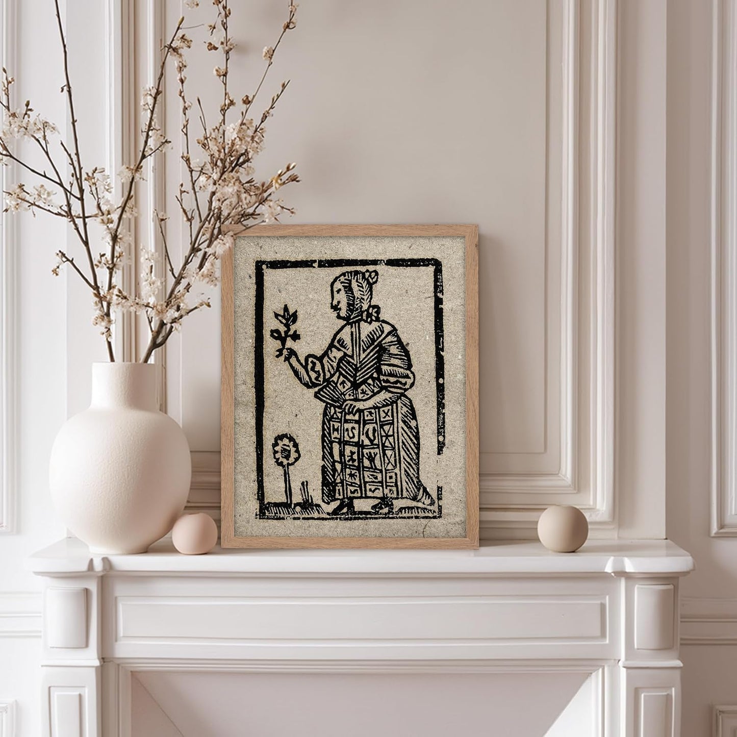 Poster Master Vintage Woodcut Poster - Retro Medieval Print - Gift for Gothic, Horror Fan - Witch Holding a Plant, Magic, Spell, Herbalist - Wall Decor for Bedroom, Dorm, 8x10 Beige Framed
