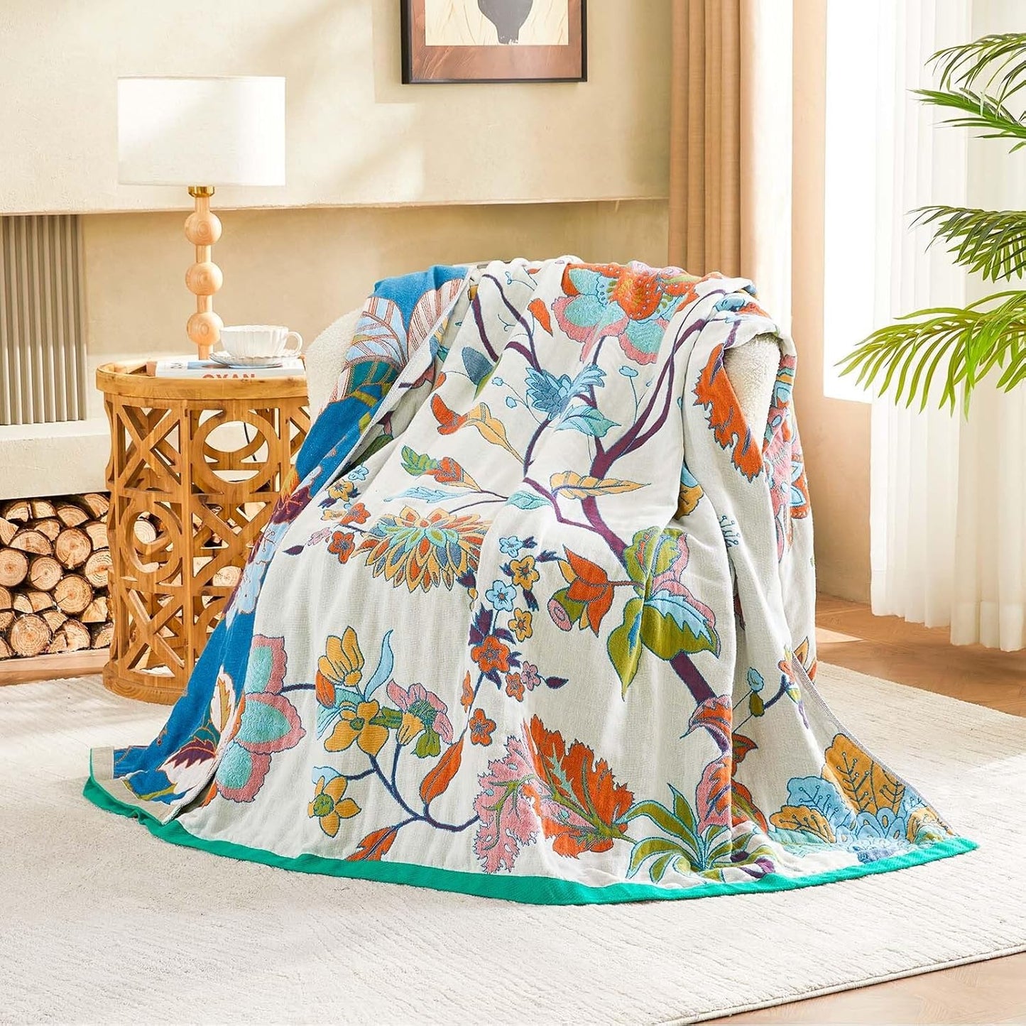 Summer Throw Blanket, 90"x98" Reversible Bohemian Flower Blanket, 100% Cotton Muslin Breathable Woven, Farmhouse Decorative Throw Blanket