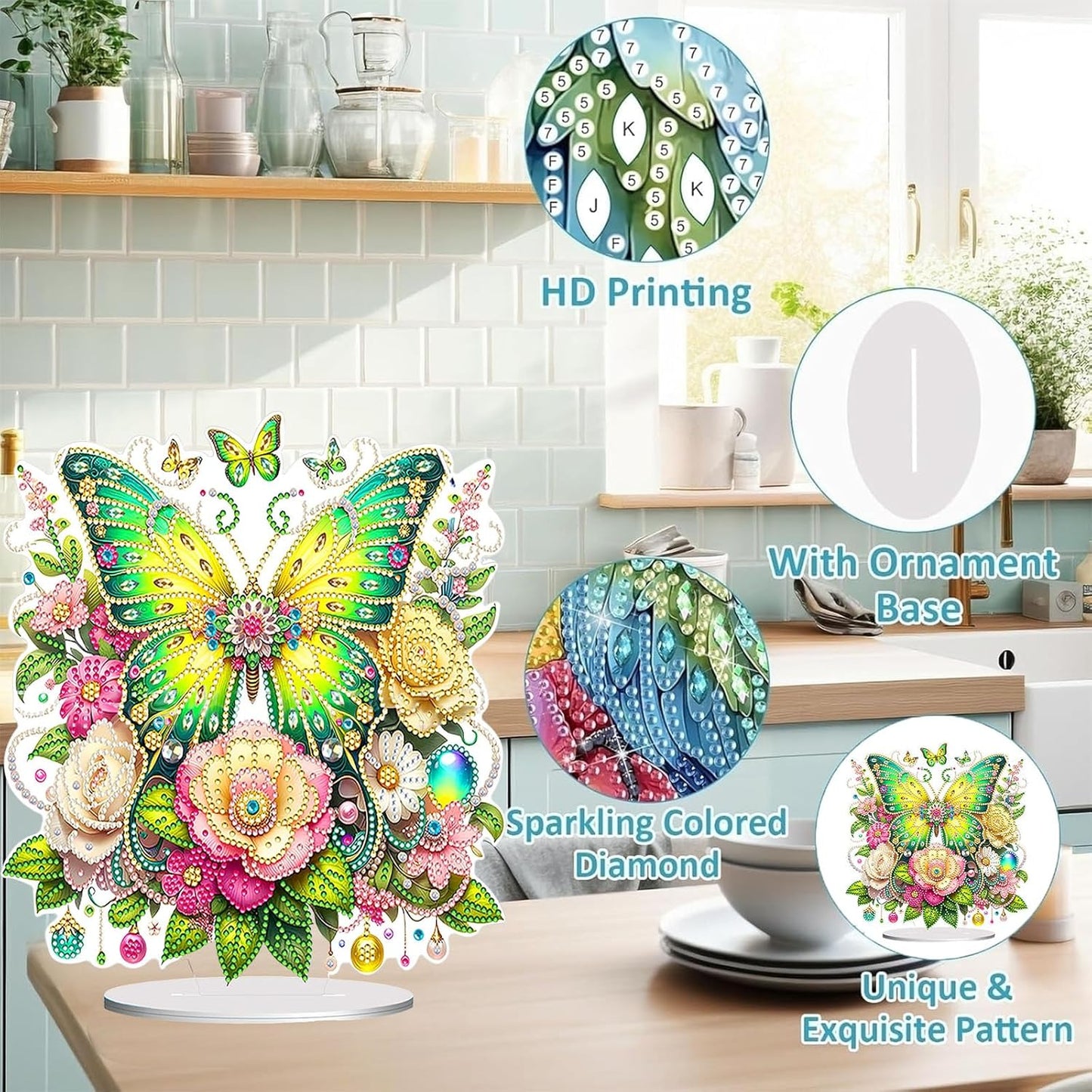 Diamond Painting Kits for Adults Beginners, 5D Full Drill Flowers and Butterfly Crystal Art Desktop Ornament, DIY Single Sided Home Office Desk Decor, Creative Craft Gift Set with Tools