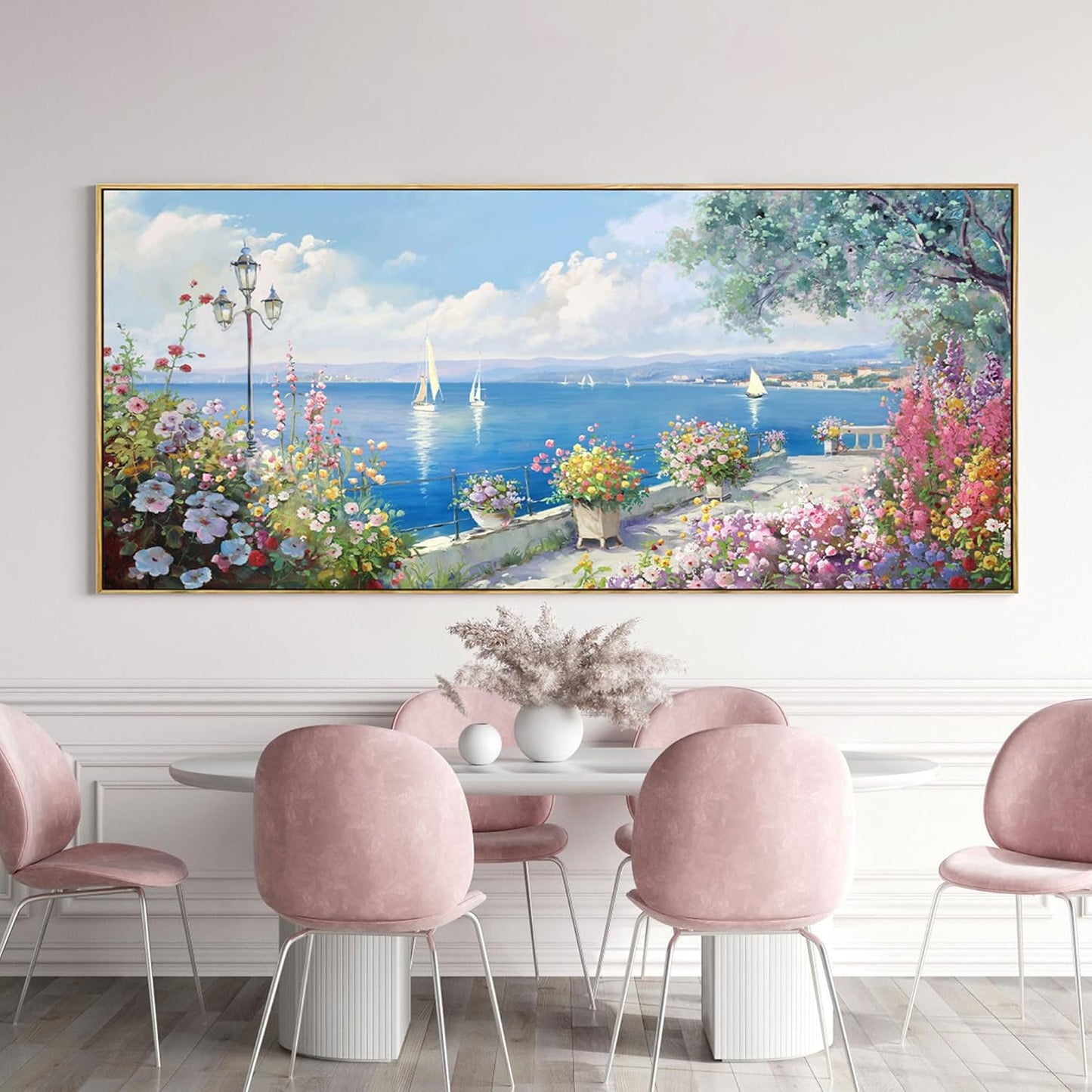 XLSJERST Extra Large Coastal Wall Art - Ocean Seascape Canvas Yellow Green Flowers Painting Landscape Sailboat Picture Artwork Modern Large Framed for Living Room Bedroom Home Office Decor