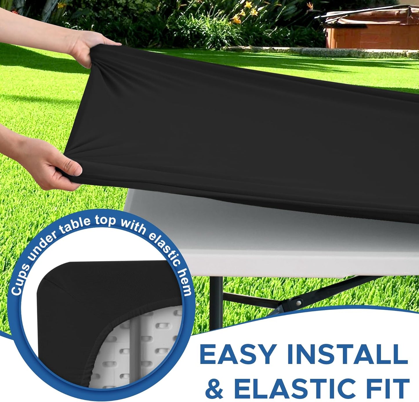 Fitted Tablecloth for 8 Foot Rectangle Tables-10 Pack Black Elastic Outdoor Picnic Table Cover-Spandex Stretch Folding Table Cloths 8ft for Camping Dining Room Patio Kitchen Banquet Party