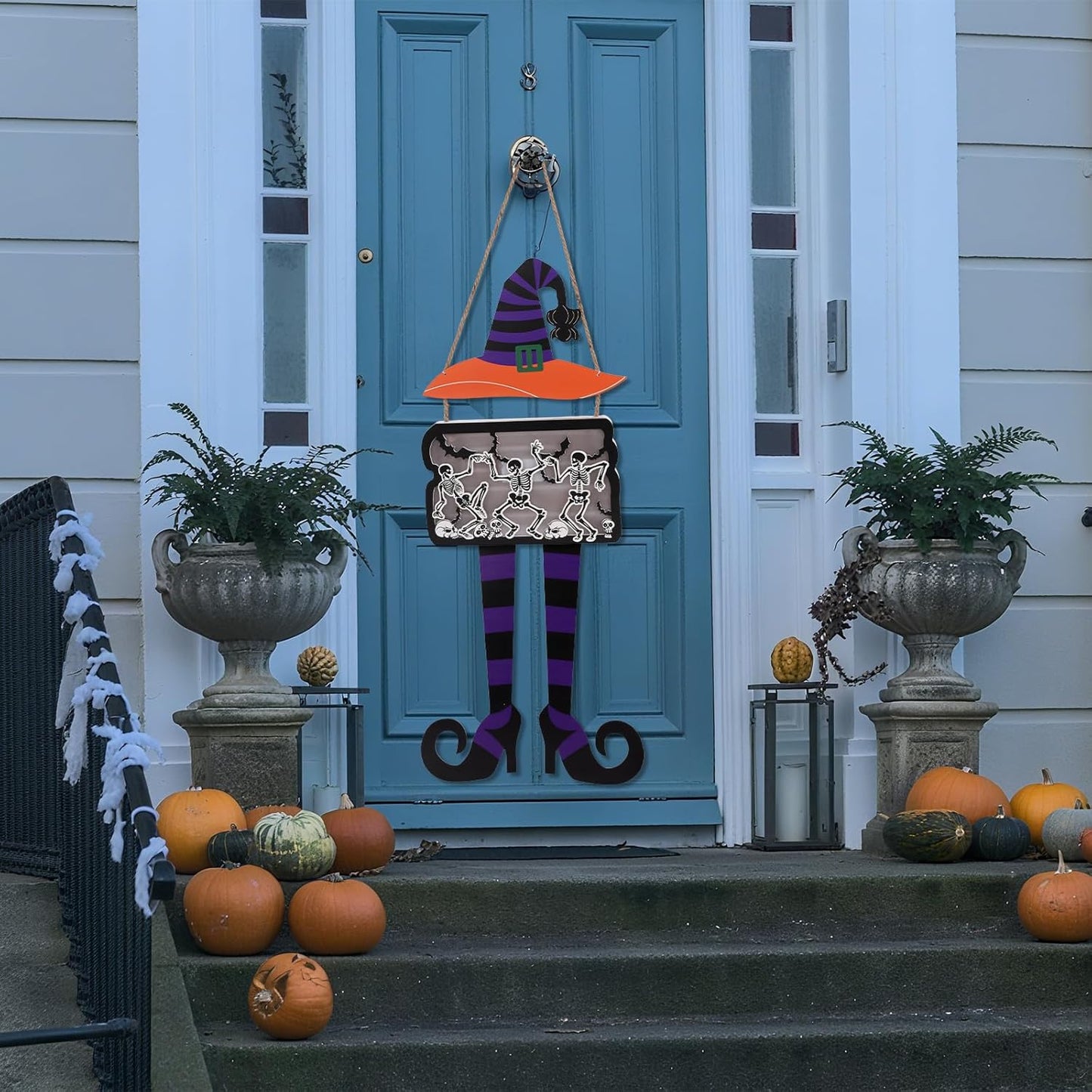FINGOOO Halloween Door Hanging Sign, Large Witch Skeleton Halloween Door Hanger with Light for Front Door Decor
