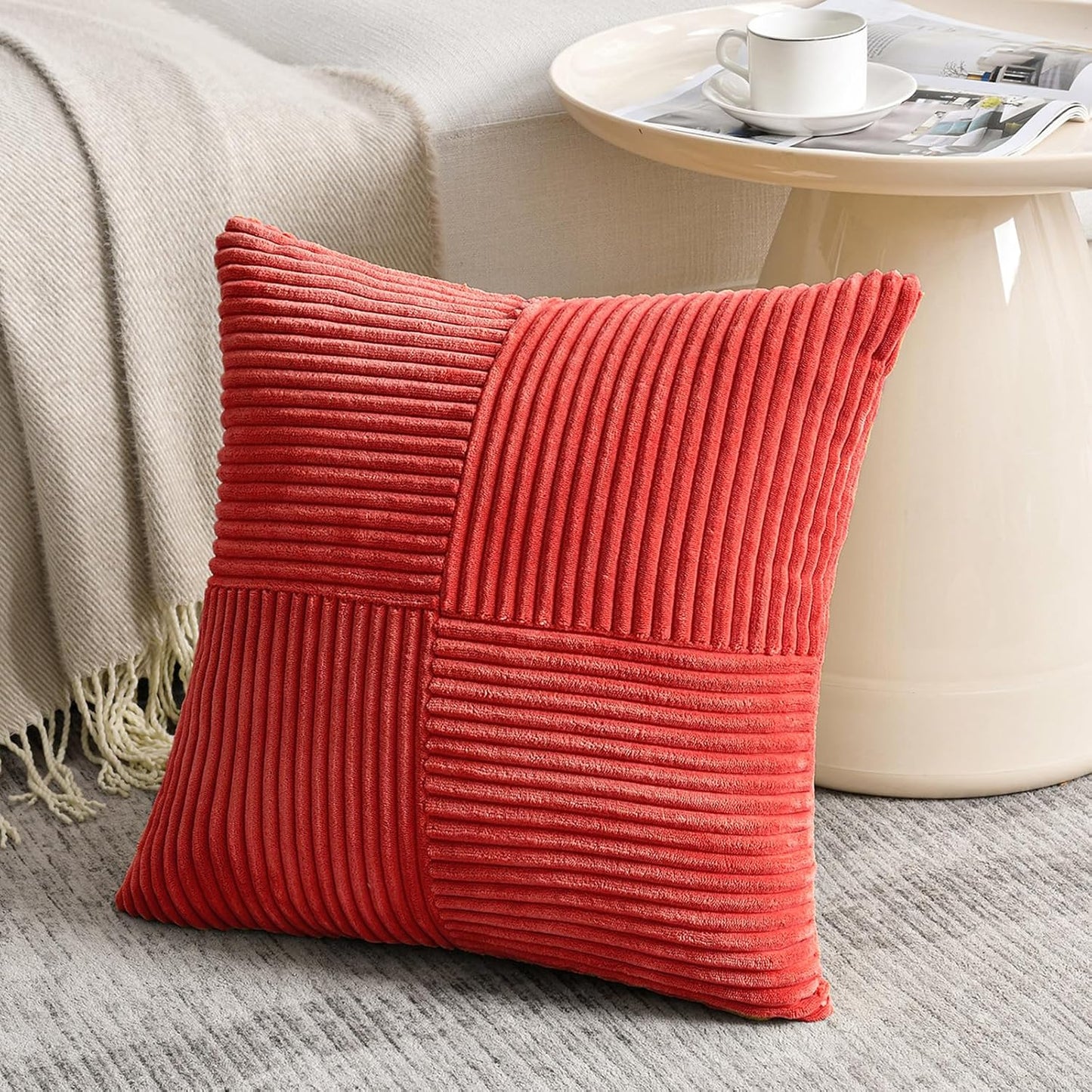 Fancy Homi 2 Packs Red Decorative Throw Pillow Covers 16x16 Inch for Living Room Couch Bed Sofa, Holiday Christmas Home Decor Gift, Soft Corss Patchwork Corduroy Textured Square Cushion Case 40x40 cm