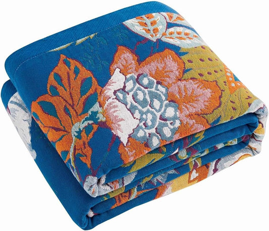 Boho Throw Blanket, Blue Lightweight Blankets for Summer, 100% Cotton Bohemian Decorative Throw Blanket, 60"x80" Reversible Muslin Breathable Woven Farmhouse Blankets Quilt,