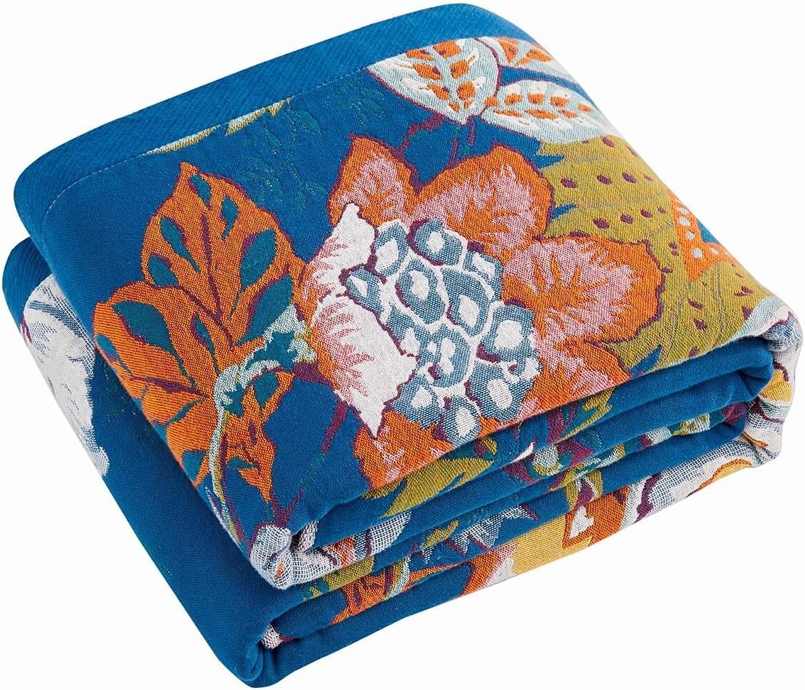 Boho Throw Blanket, Blue Lightweight Blankets for Summer, 100% Cotton Bohemian Decorative Throw Blanket, 80"x90" Reversible Muslin Breathable Woven Farmhouse Blankets Quilt,