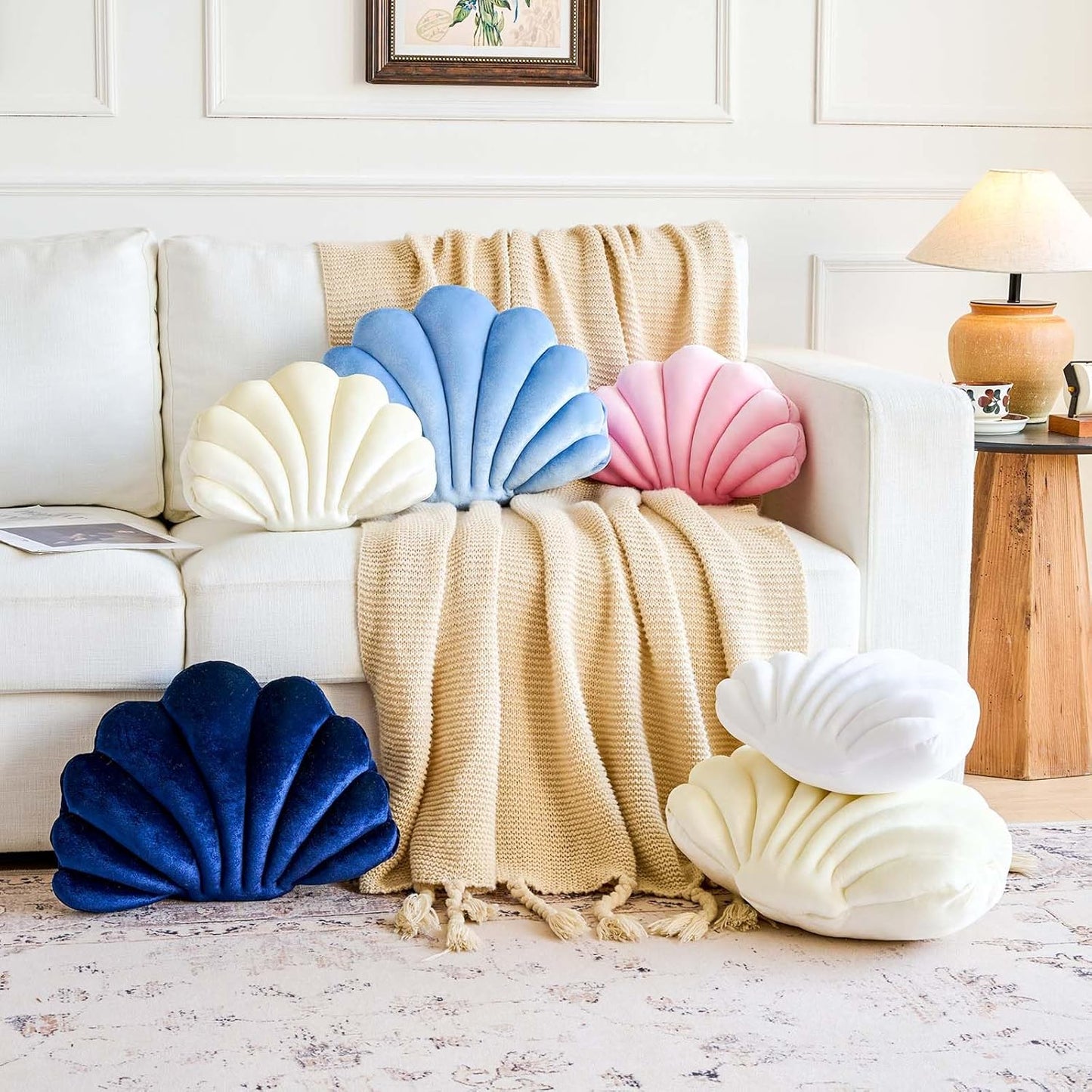 Dusty Blue Seashell Throw Pillows, Shell Shaped Throw Pillows, 13 Inch Soft Velvet Home Decorative Pillow Plush Cushion for Bed Couch Living Sofa Room Decor Accent Throw Pillow