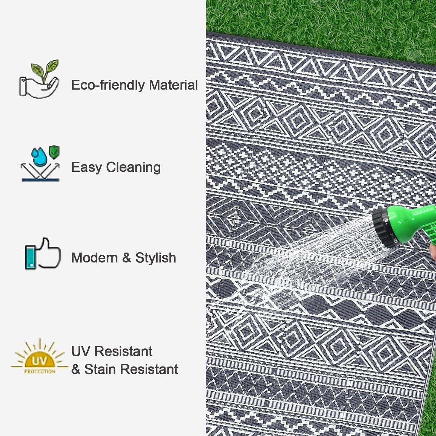 GAOMON Reversible Outdoor Rug 9'x18' Waterproof Plastic Straw Rug, Patio Rug, Large Modern Area Rug Carpet, Indoor Outdoor Rugs for Camping, Porch, Deck, Balcony, Backyard, Grey/White(Bohemia)