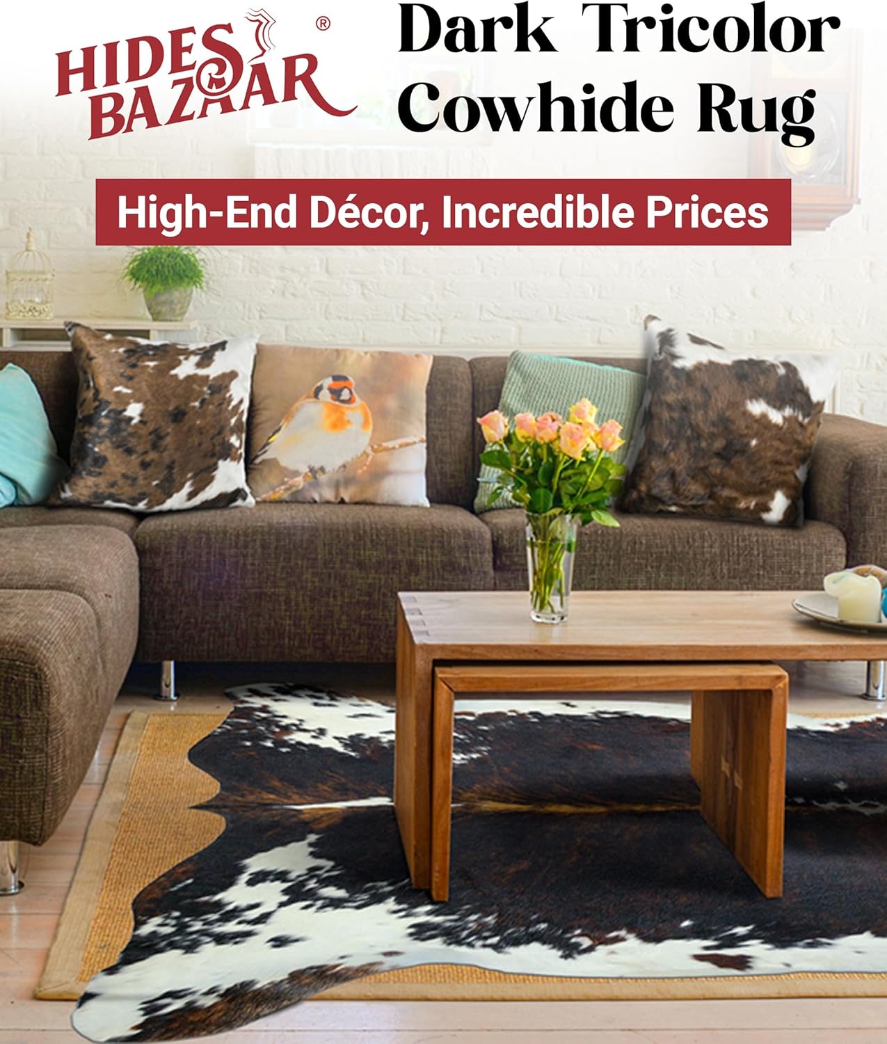 Natural Cowhide Rug for Home & Office Premium Dark Tricolor Cowhide Rug with Unique Dark Brown, Black & White Patterns- Cow Hide Rugs Made with Tanned Leather - Cow Hide Rugs 6x6-7 ft