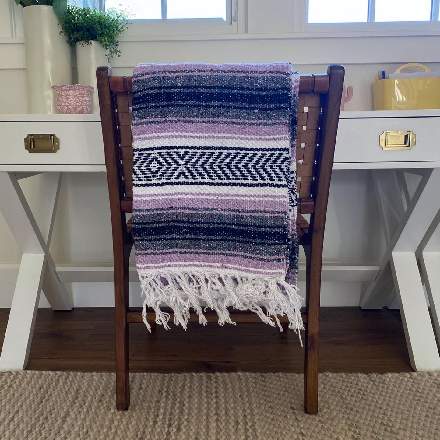 Del Mex Classic Mexican Blanket, Large Authentic Woven Falsa Throw (70"x50"), Artisan Southwest Décor for Beach, Yoga, Outdoors (Lavender)