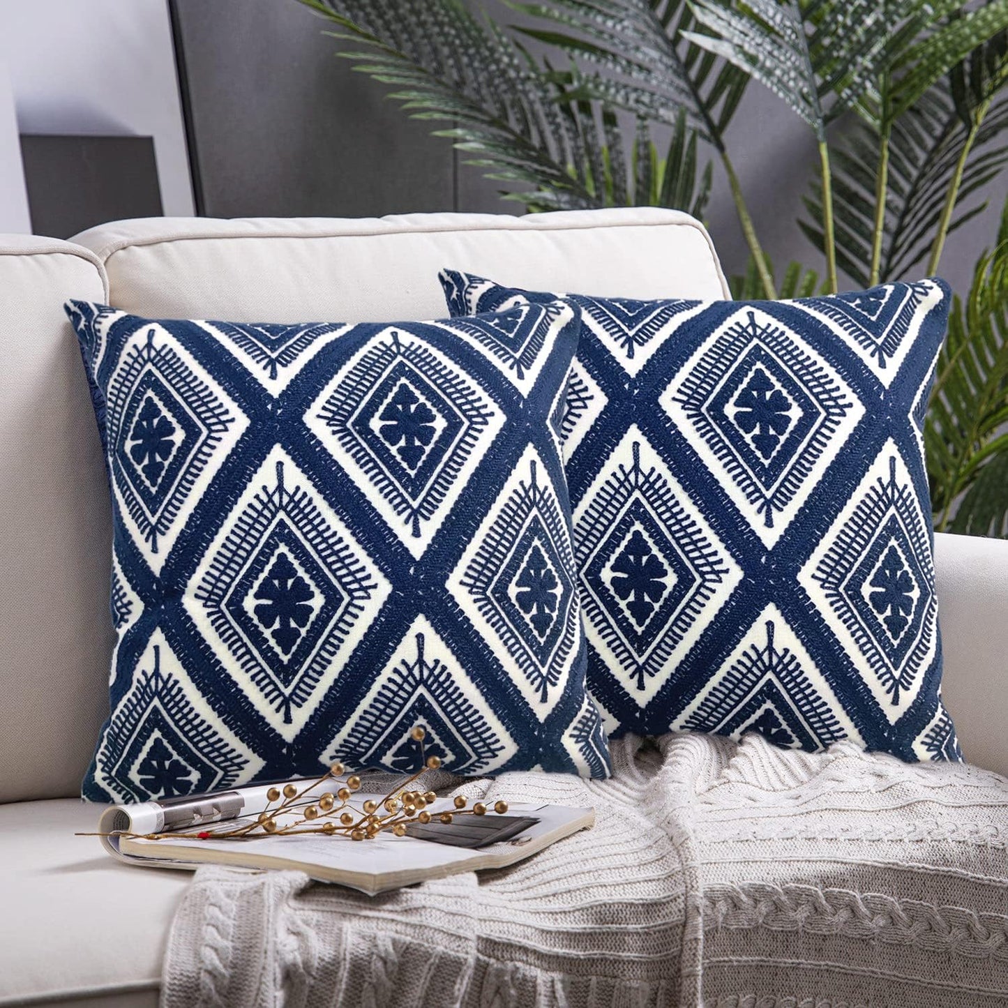 Alysheer Embroidered Decorative Throw Pillow Covers 18x18 inches Set of 2 Pieces, Boho Geometric Modern Chic Classic Pattern Cotton Cushion Cases for Sofa Couch Bed Living Room(Navy Blue)