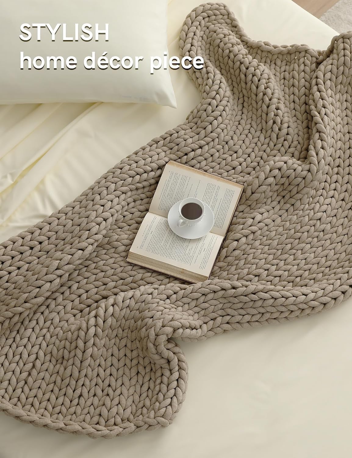 YnM Chunky Throw Blanket, Medium-Weight, Hand Knitted, Skin Friendly, Ventilated and Breathable, Machine Washable, Home Décor Piece for Couch, Sofa and Bed (Beige, 60x80 Inch)