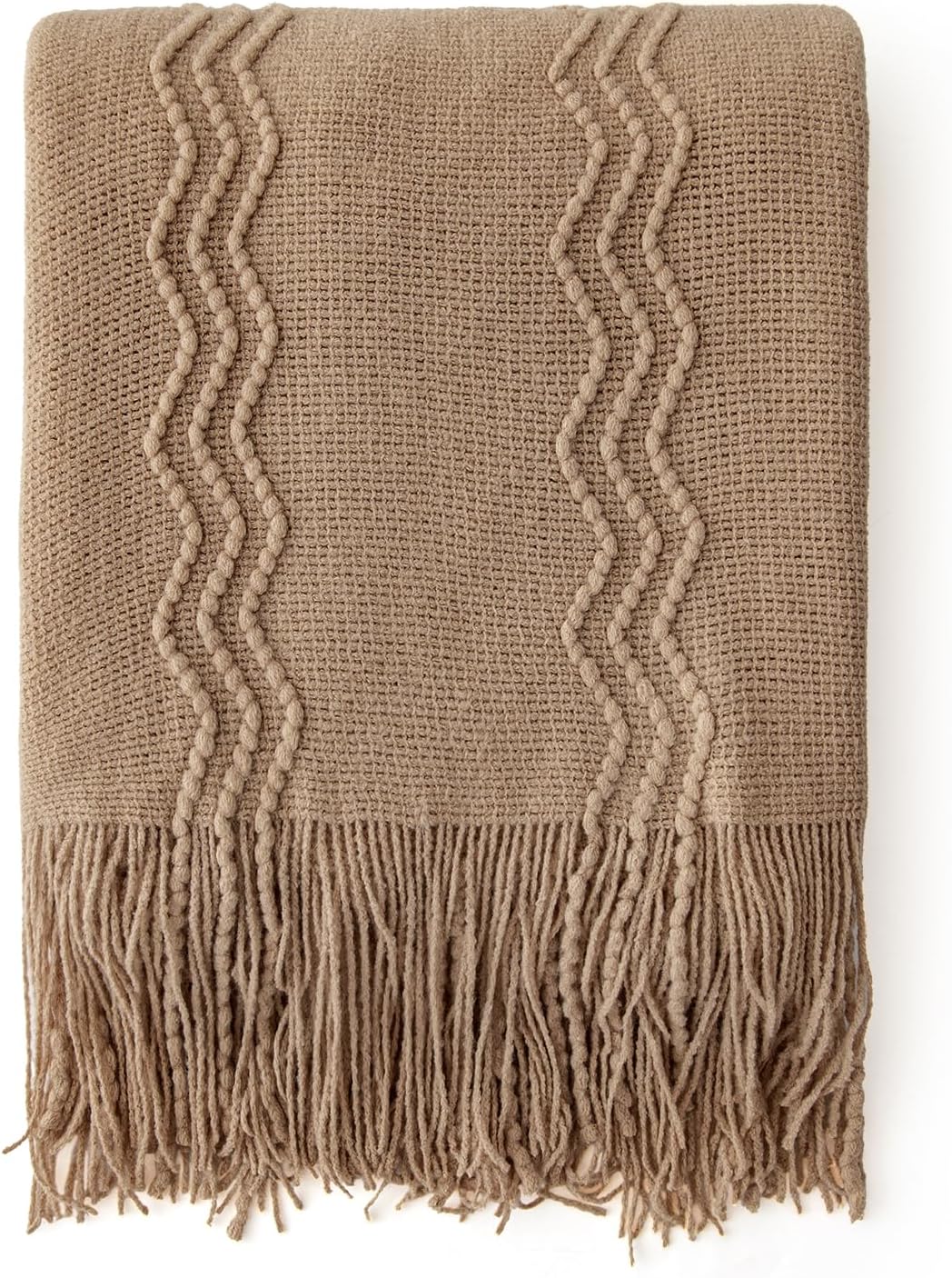 MIULEE Tan Taupe Knitted Throw Blanket for Couch Boho Textured Cozy Woven Blanket with Tassels for Sofa Chair Bed Living Room Farmhouse Home Decor Acrylic Wave Pattern 50"x60"