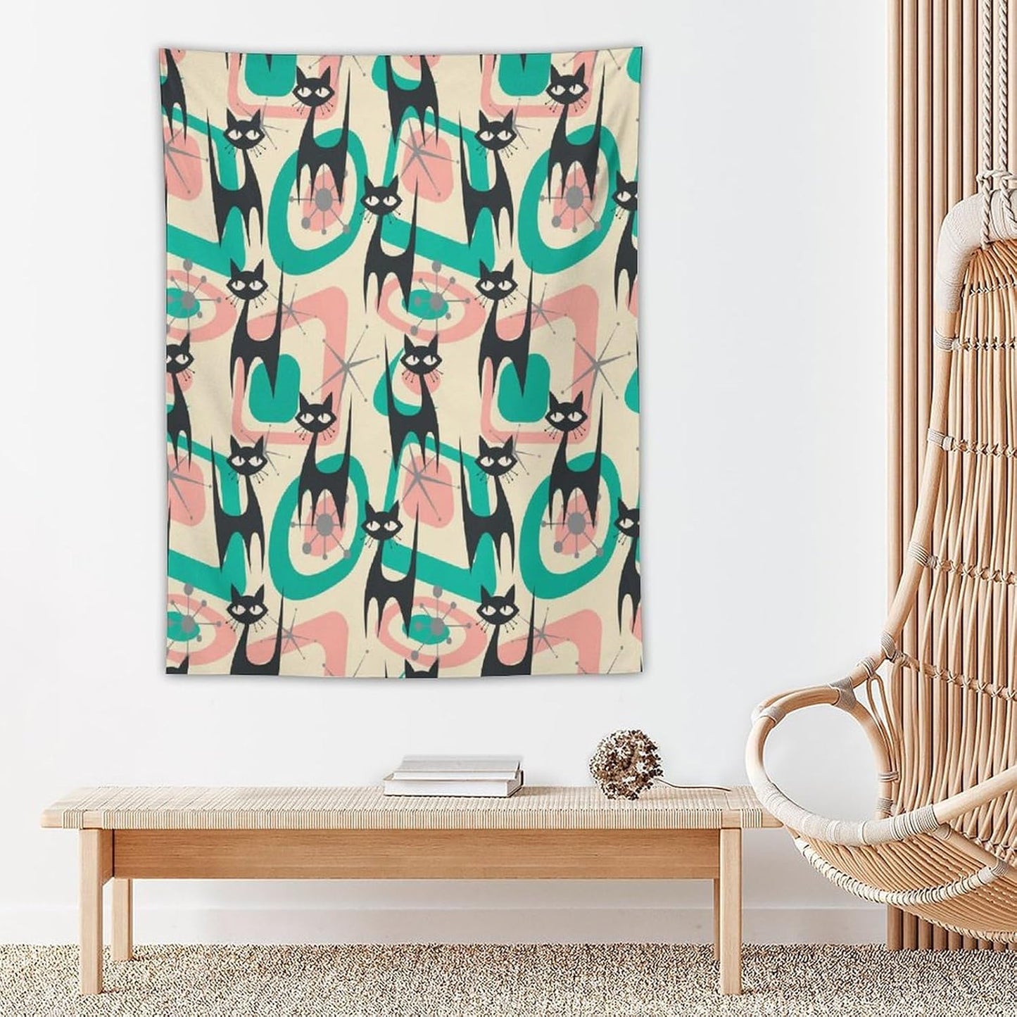 ICMOLYYENLO Boho Medieval Cat Tapestry, Abstract Atomic Starburst Geometric Aesthetic Art Wall Hanging For Bedroom Living Room Dormitory 50x60 Inches